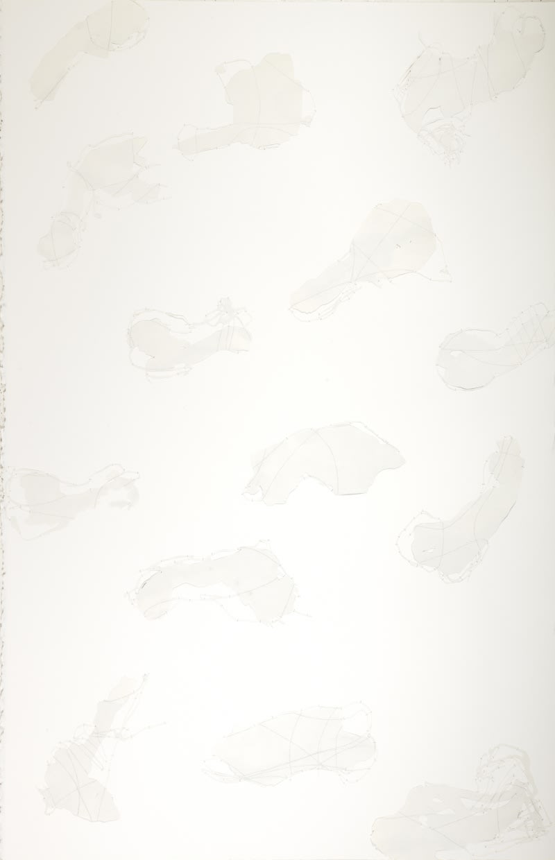 numbered vanished drawing, 2017 pensil, ink drawing and stitches on paper 66.5 x 102 cm