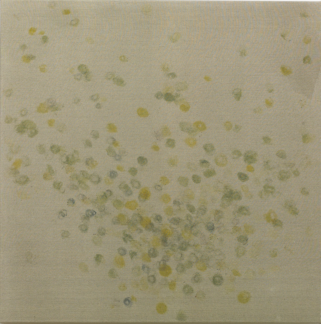 Harpa Árnadóttir Smárablóm, beitilyng, hundasúra, geldingahnappur og túnfífill, 2013 lím litaduft og kalkþörungaduft teiknað með jurtum á striga Smárablóm, beitilyng, hundasúra, geldingahnappur og túnfífill, 2013 glue, pigment and algae powder drawn with flowers on canvas 80 x 80 cm HAÁ0059