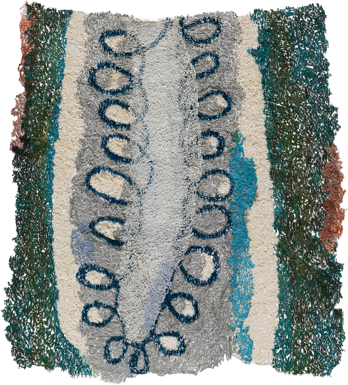 Abstract fiber artwork made by artist Neha Vedpathak. The artwork is comprised on warm tones of yellow, dark red, black, and gray.