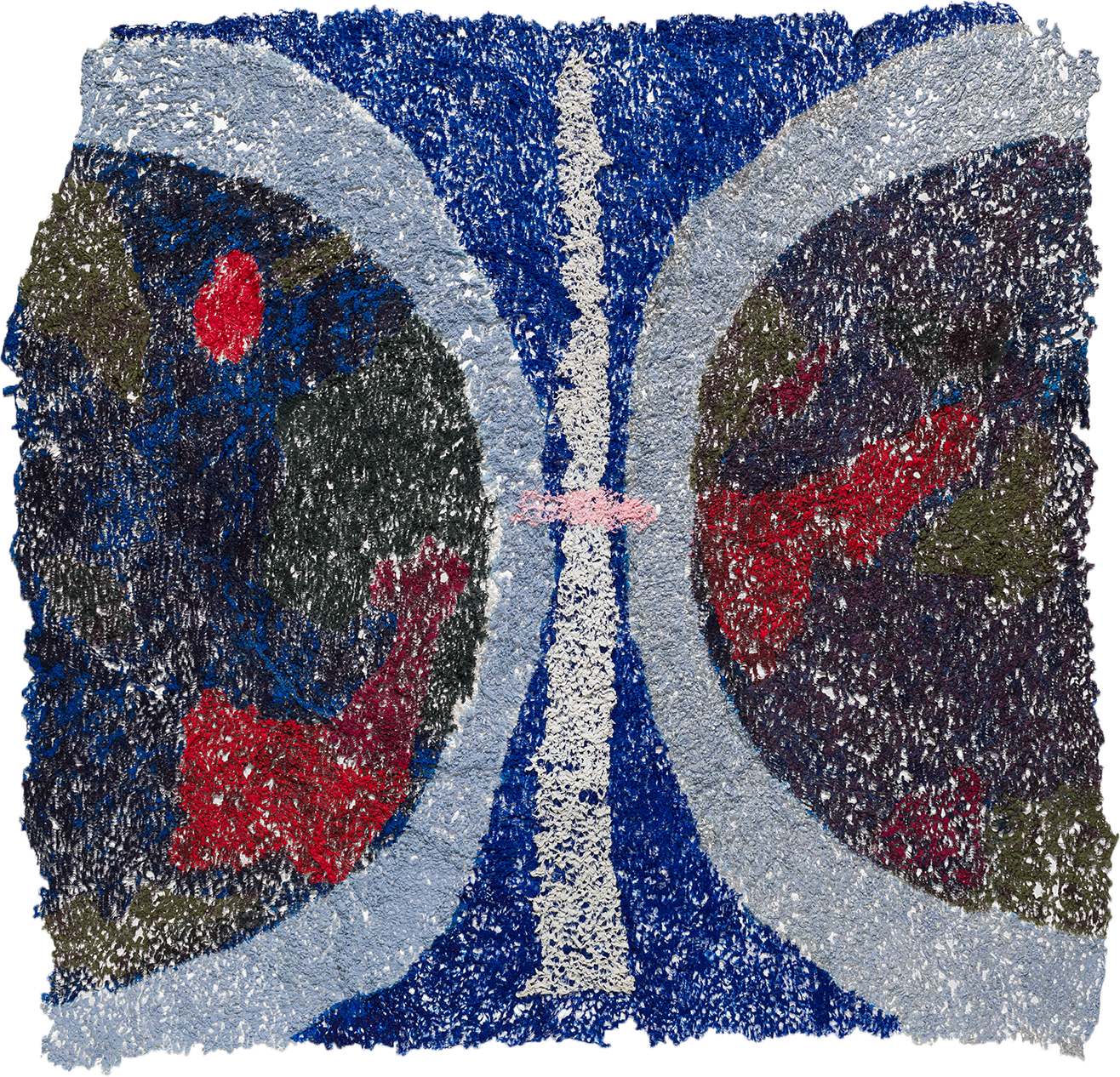 Abstract fiber artwork by artist Neha Vedpathak. Cool tones of blue and warm tones of red with white half-circles facing away from each other.