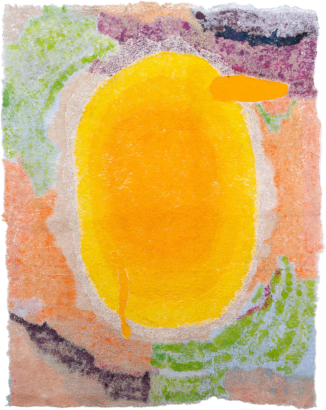 Abstract artwork by artist Neha Vedpathak. The center is a warm yellow tone surrounded by peach, greens, and purple tones.