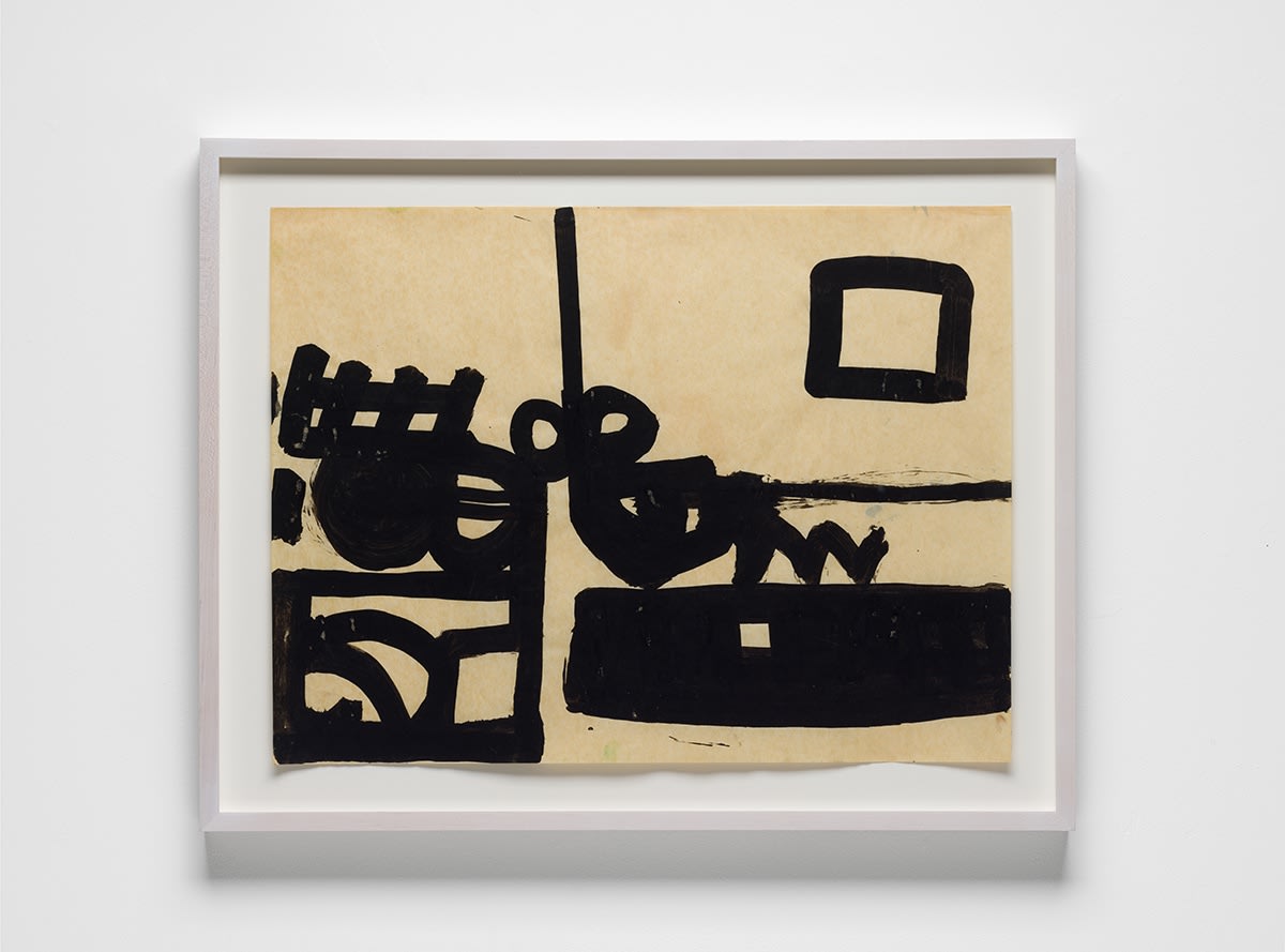 Horizontal abstract image on paper with black brushstrokes.