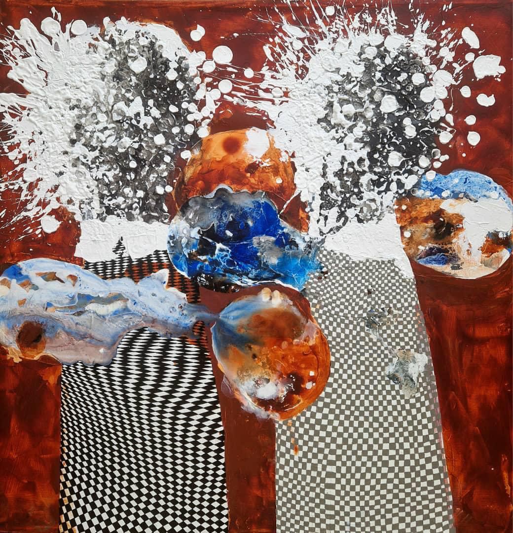 Passeurs IV 2024 100cm x 100cm Watercolor Acrylic and Relief on Canvas