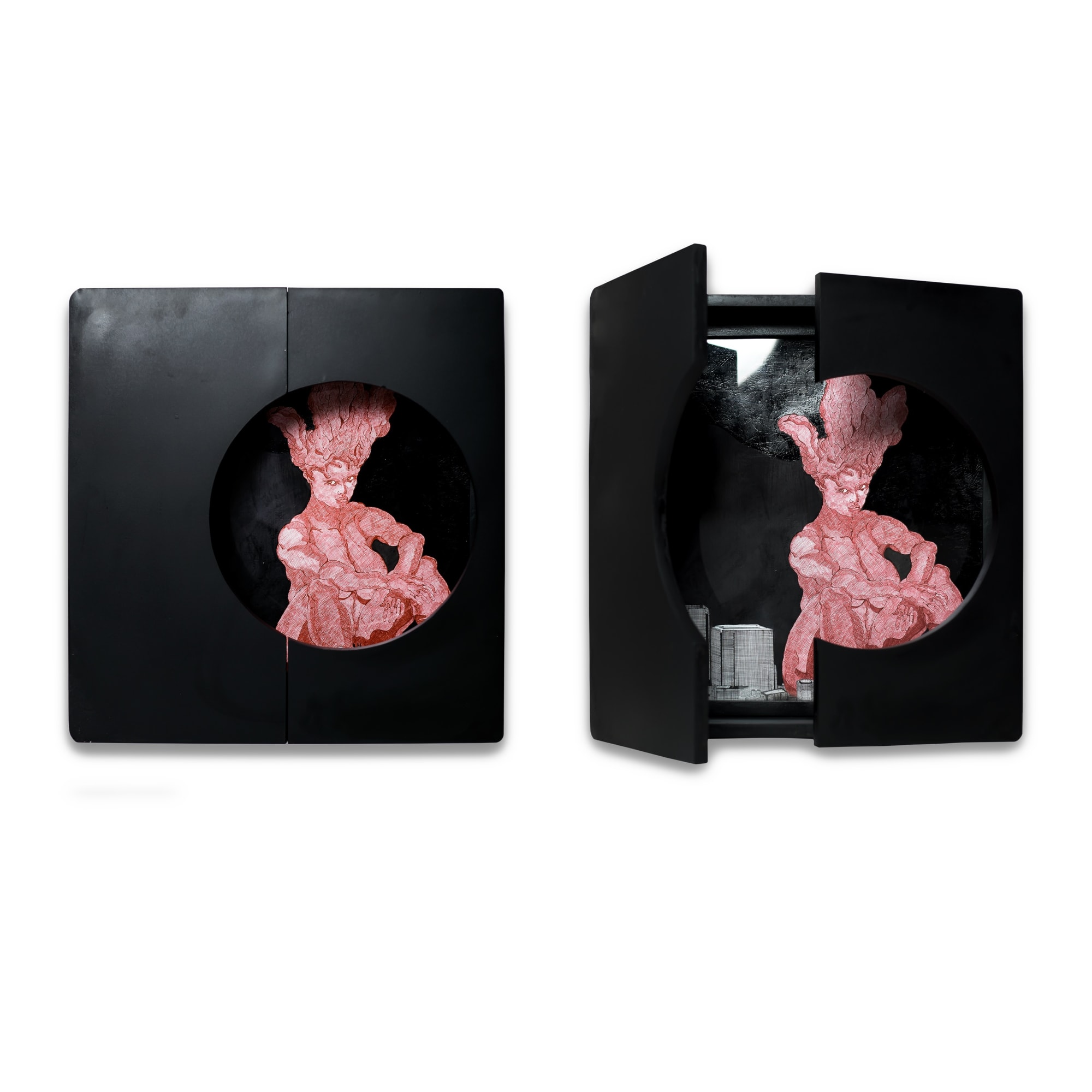 NO SHELTER - SOUTH EAST SIDE 2024 Strathmore Paper, Ink, MDF Wood, Acrylic Glass Full Size : 56 x 60 x 15 cm Artwork Size : 50 x 55 cm