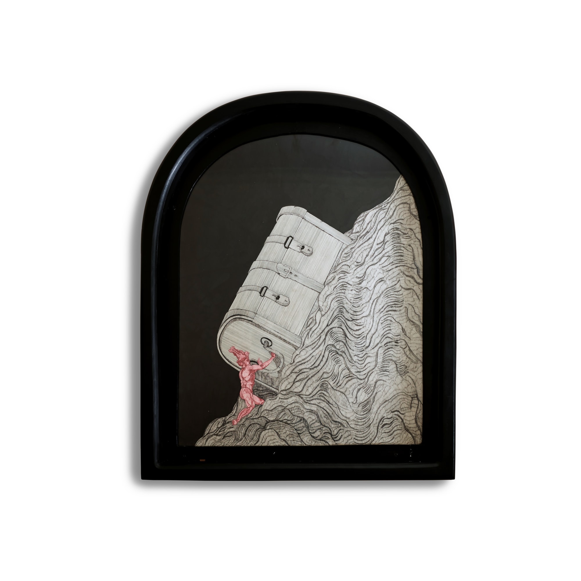 SISYPHUS 2024 Strathmore Paper, Ink, MDF Wood, Acrylic Glass Full Size : 84 x 104 x 10 cm Artwork Size : 70 x 90 cm