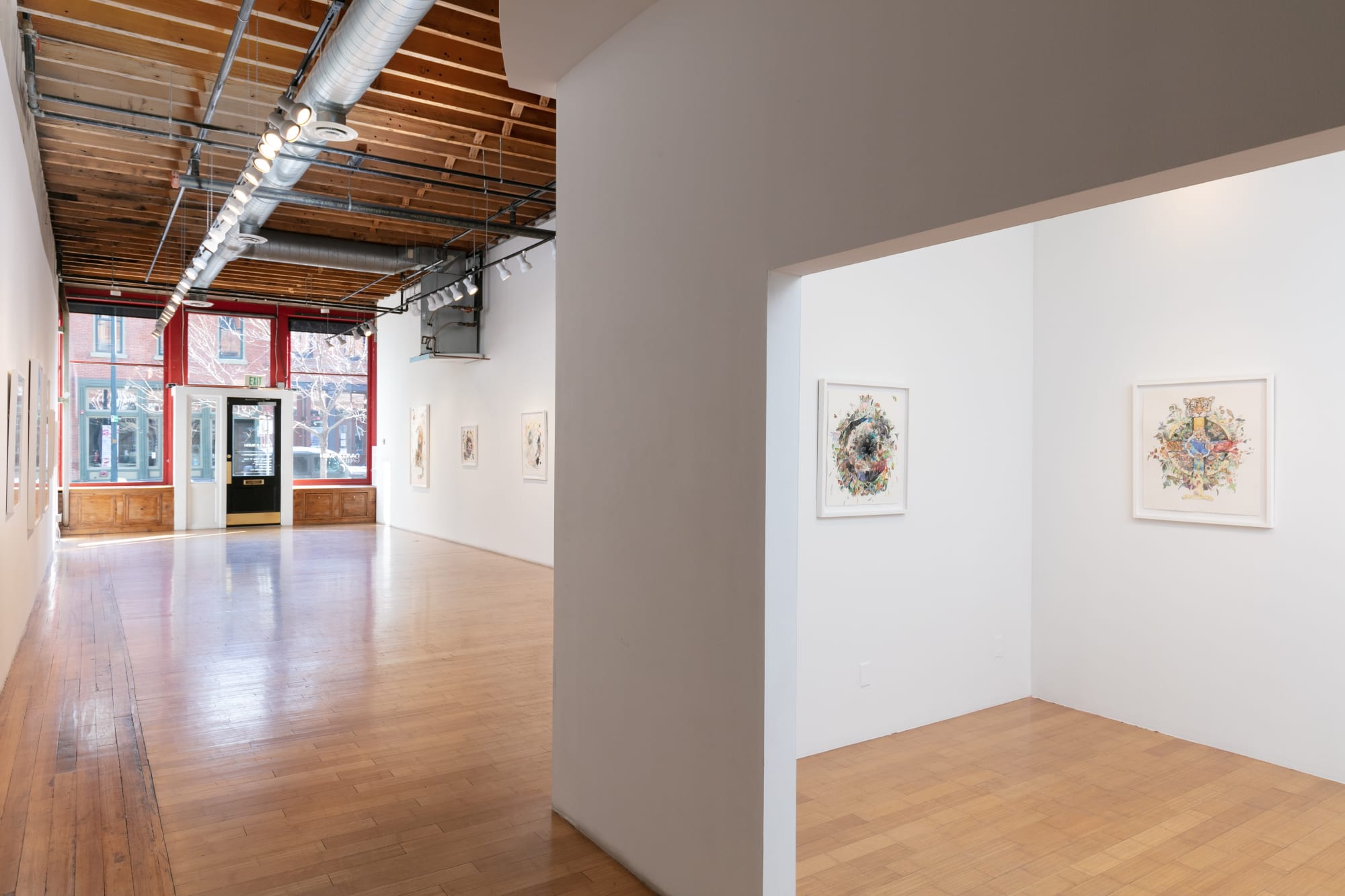 Installation shot of Cosmos from the hallway between the Main Gallery and Project Room showing the left inside of the Project Room and the left of the Main Gallery and door.