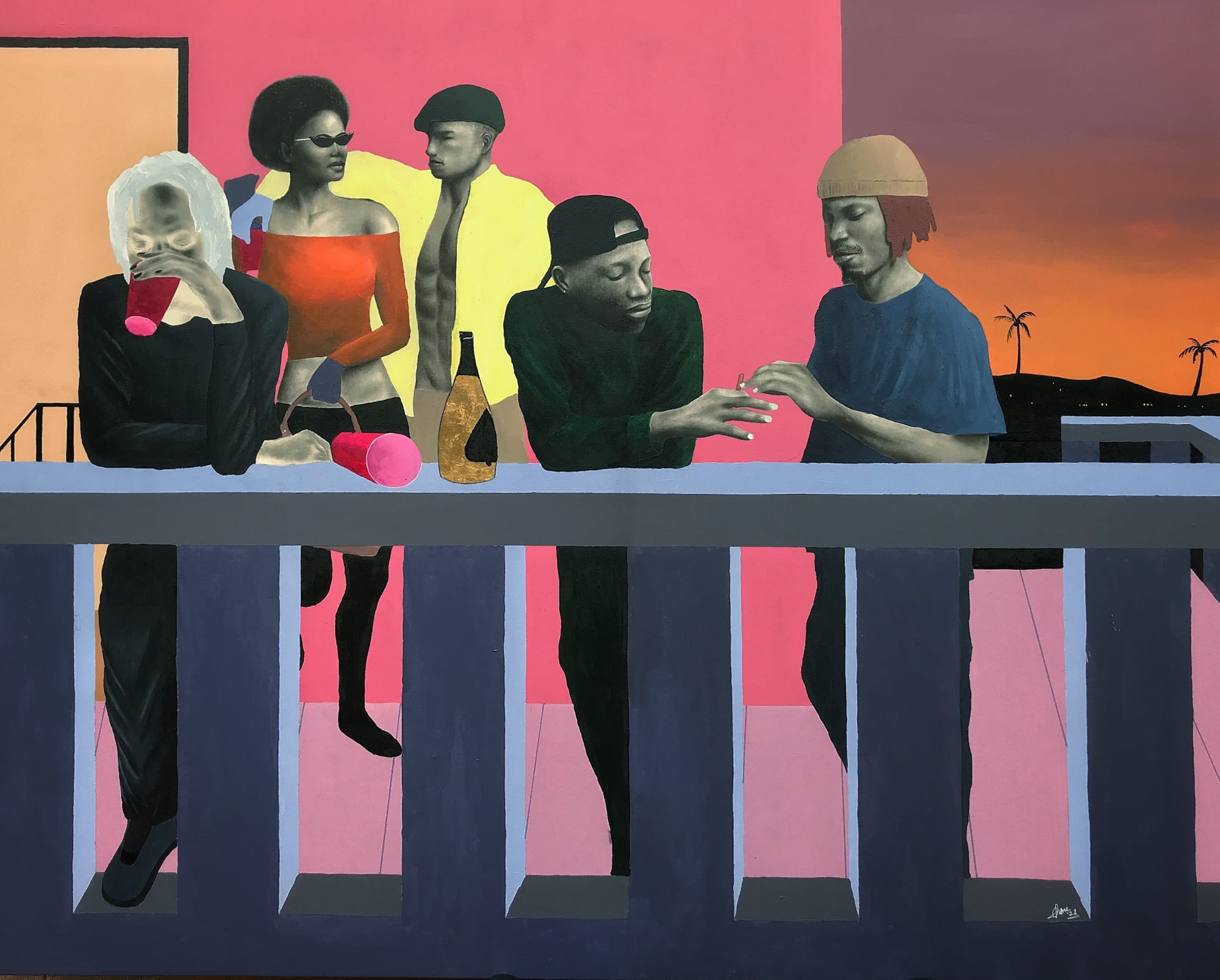 Houseparty Acrylic, goldleaf and charcoal on canvas 48 x 60 inches 2021