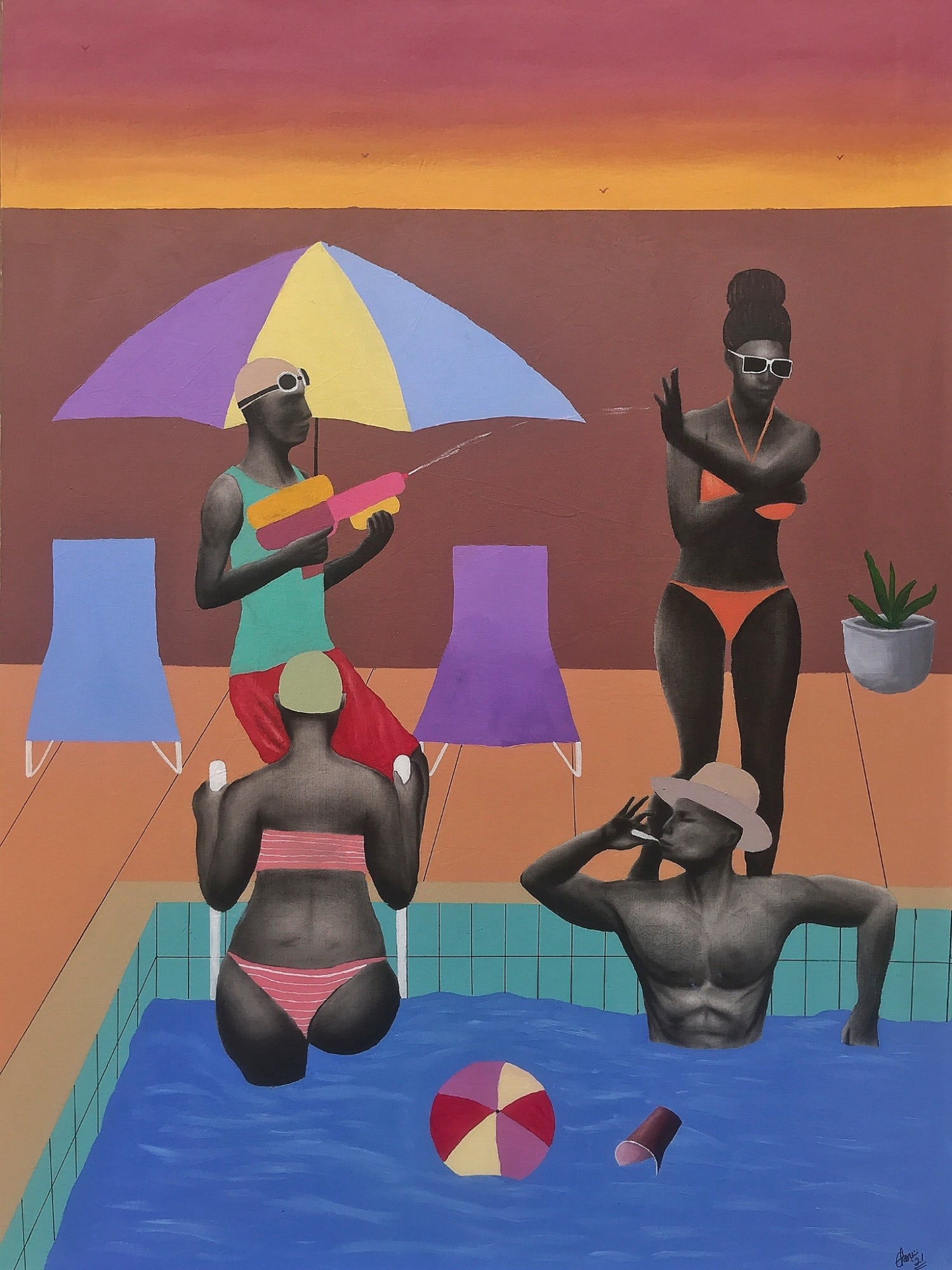 Pool Side Rave Acrylic and Charcoal on Canvas 36 x 48 inches 2021