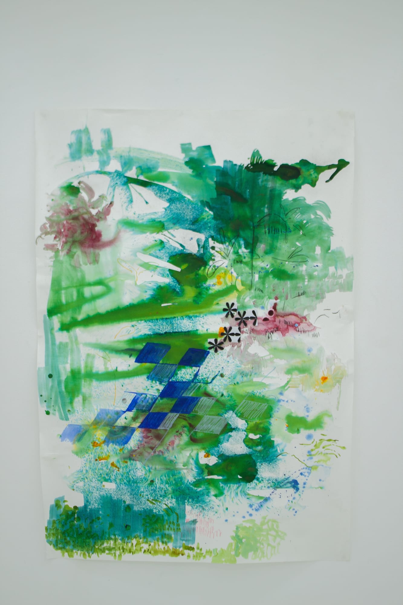Agnes Waguru Sometimes Things Are Green (At Home) Fabric dye, acrylic paint, indian ink,charcoal,pastel and plastic vinyl fabric, 57 X 41 Inches 2021