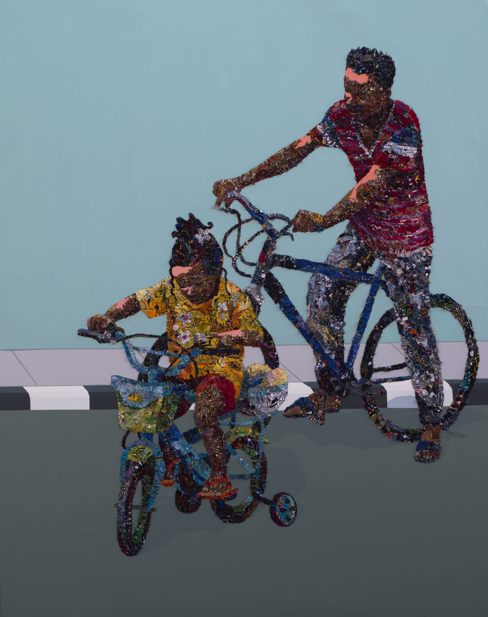 WHEELS ON THE STREET (KESIENA'S DIARY) FABRIC AND ACRYLIC ON CANVAS 77 X 60 INCHES 2021