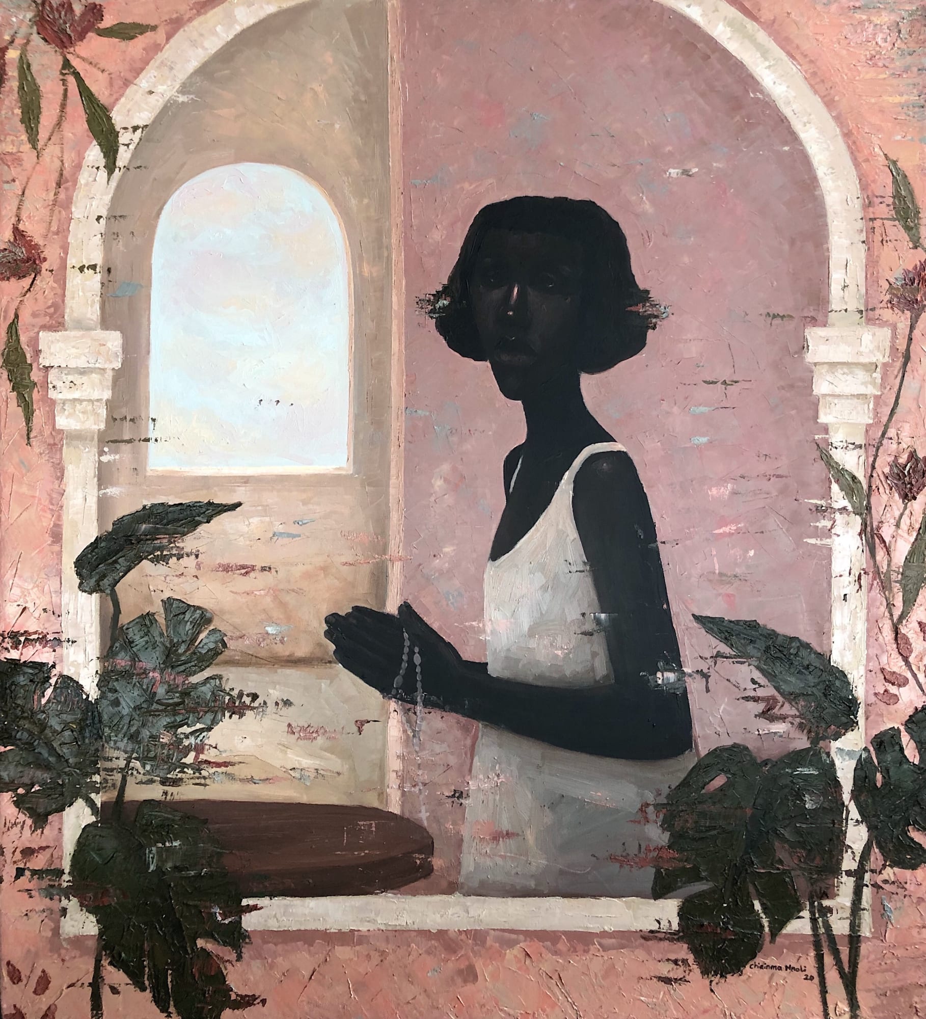 Did You Sin Today (Pink Walls) Oil and acrylic on canvas 38 x 42 inches 2020