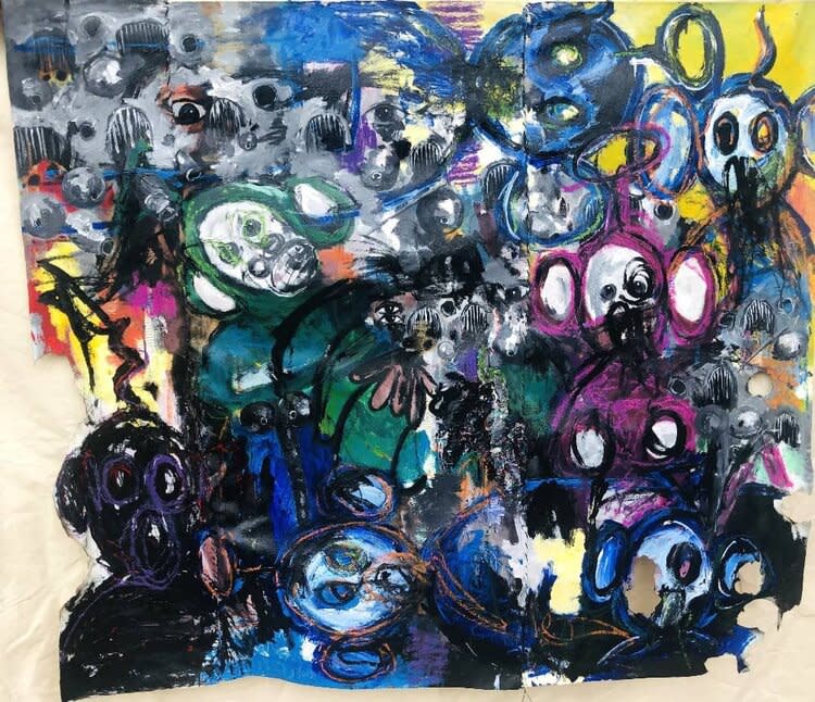 Layers Of Violence Acrylic and paper on canvas 75 x 50 inches 2020