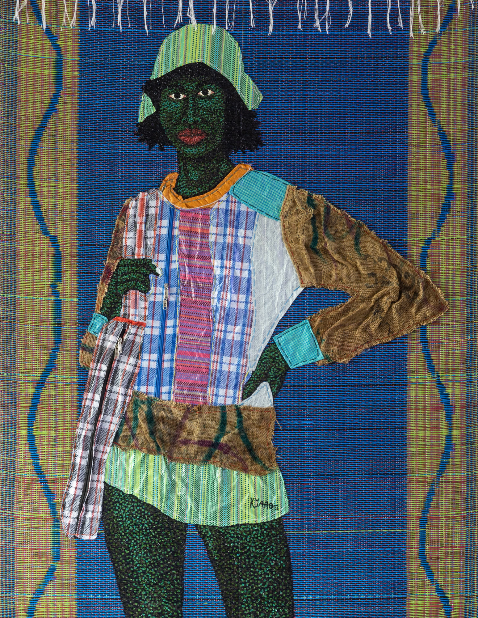 Kwaku Yaro Dzigbordi Acrylic, Woven Nylon and Burlap on Canvas 48.4 x 62.5 inches 2022 Lagos