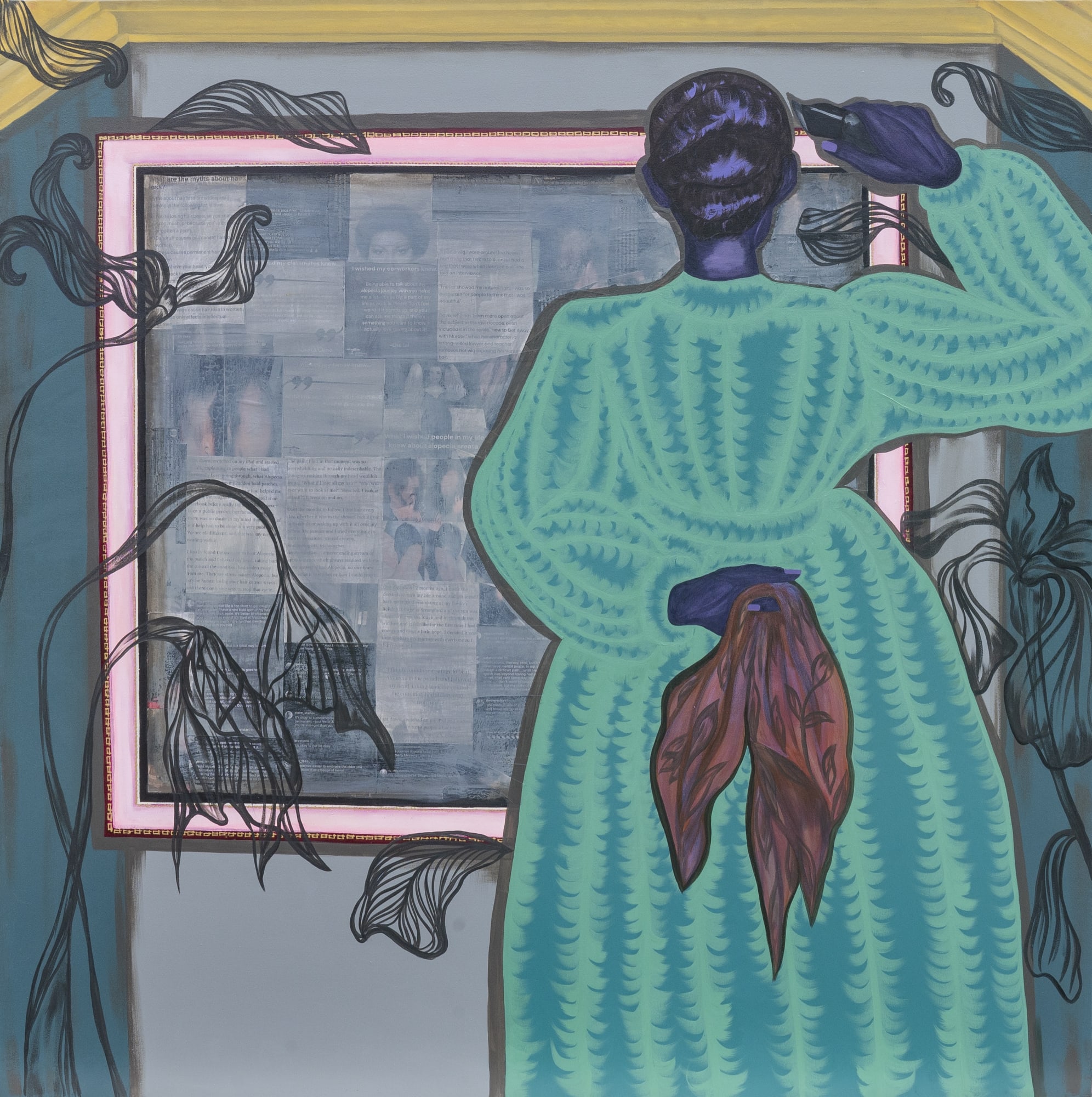 JESSICA SOARES BUT I AM IN CONTROL 2023 ACRYLIC IRIDESCENT ACRYLIC AND PAPER COLLAGE ON CANVAS 58 X 58 IN