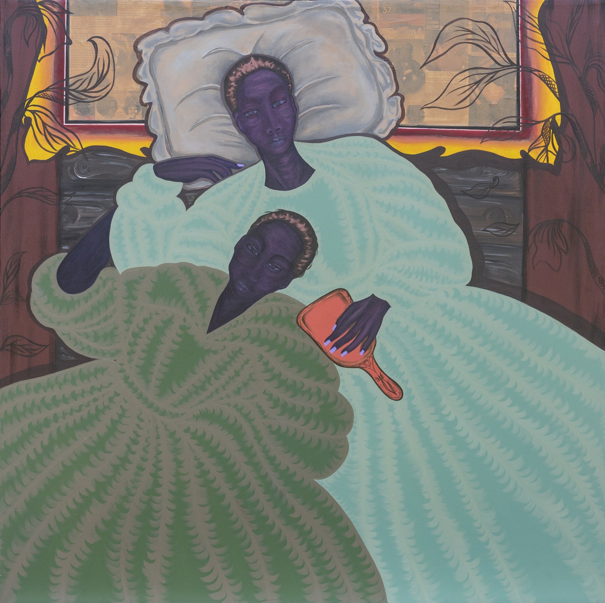 JESSICA SOARES WHILE WE DAY DREAM 2023 ACRYLIC IRIDESCENT ACRYLIC AND PAPER COLLAGE ON CANVAS 58 X 58 IN