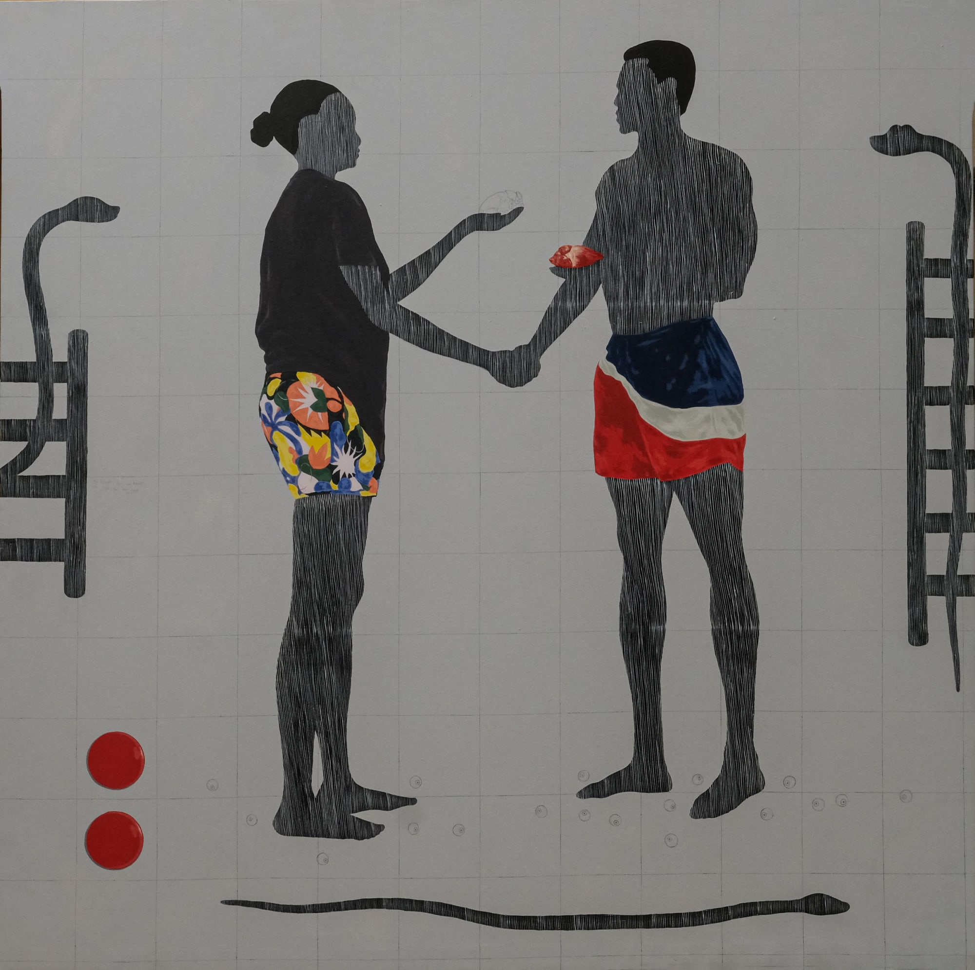 AMEH EGWUH BARTER A HEART FOR A HEART 2023 ACRYLIC AND GRAPHITE ON CANVAS 72 X 72 INCHES