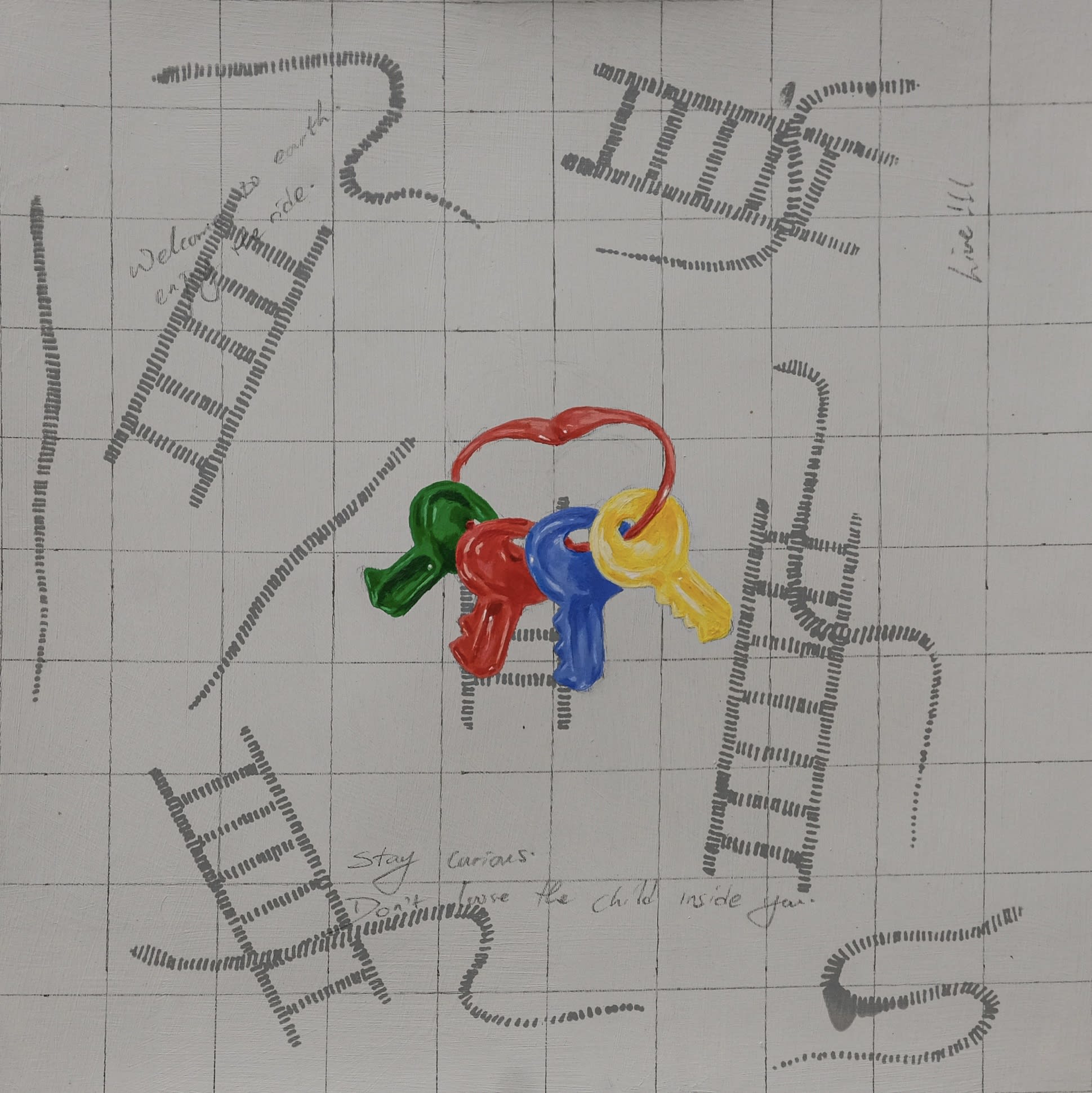 AMEH EGWUH OBJECT AND CONVERSATION I KEY TOY 2023 ACRYLIC AND GRAPHITE ON PAPER 12 X 12 INCHES