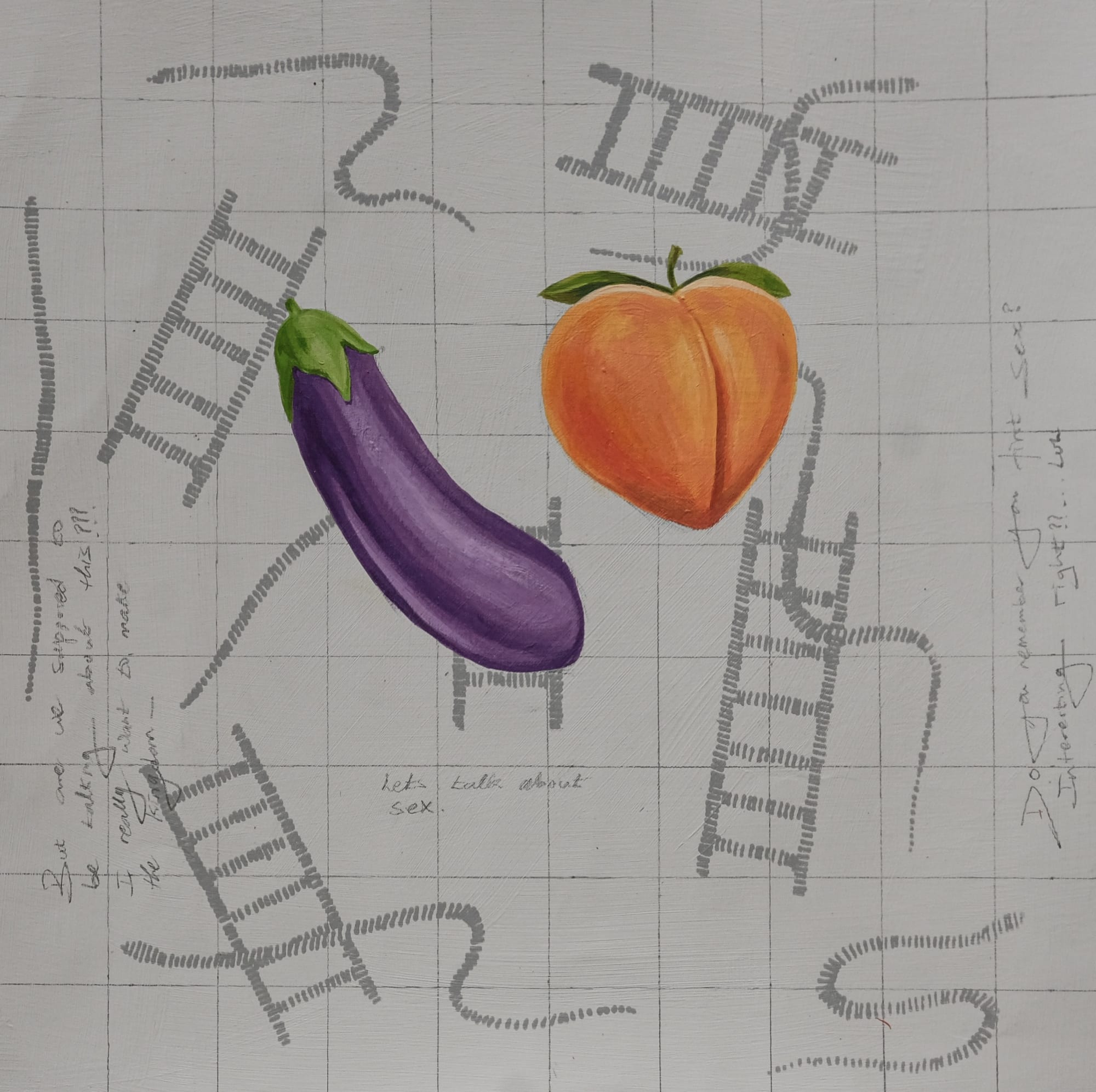 AMEH EGWUH OBJECT AND CONVERSATIONS VI EGGPLANT AND PEACH EMOJI 2023 ACRYLIC AND GRAPHITE ON PAPER 12 X 12 INCHES