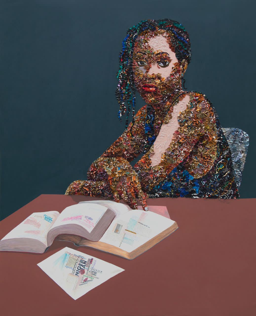 MARCELLINA AKPOJOTOR DEAR ELIZABETH 2023 FABRIC PAPER AND ACRYLIC ON CANVAS 60 X 48 IN