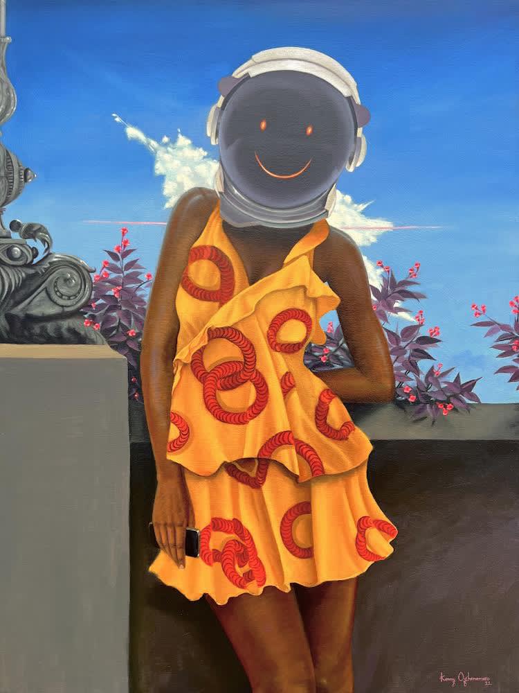 Kenny Maro The mystery behind the smile Oil colours on canvas, 48 x 36 inches 2022