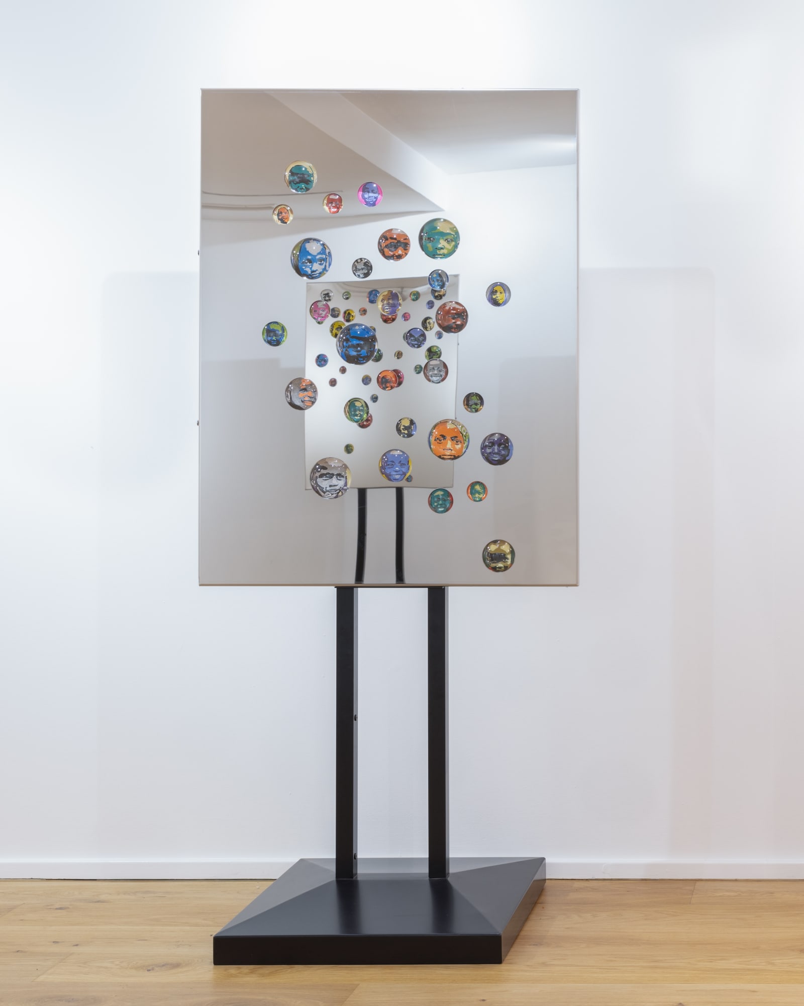 We came with the last rain (part 1) VI Stainless steel, magnifying glass, acrylic paint on canvas, aluminium and mild-steel stand 482 x 36 x 3.2 Inches 2023