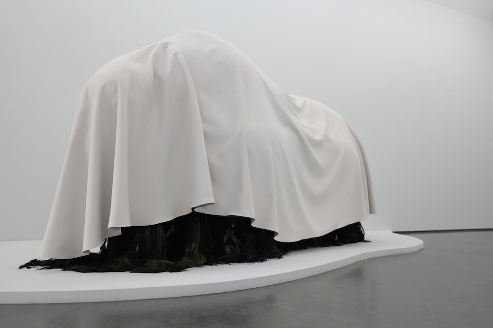 Ohlsson/Dit-Cilinn, Hibernaculum, 2017, Synthetic musk, tire, mud, linen, modacrylic fiber, soil, wood, fabric, steel, paper, crystals, 240 x 135 x 100 cm