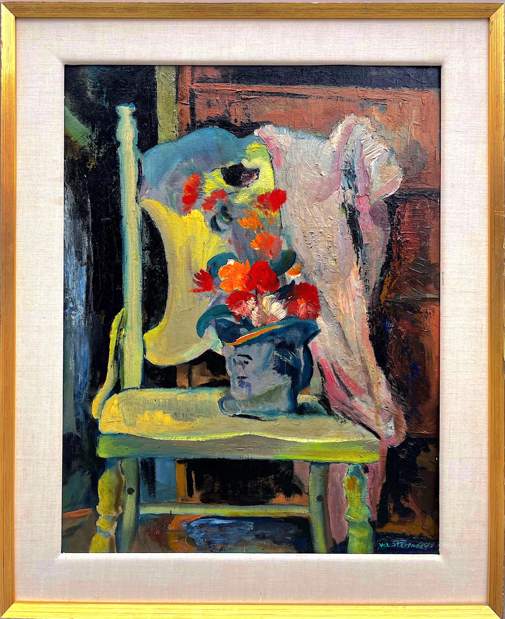 William Stevenson "Bouquet on a Chair" : Oil on board, 25.5x20 in.