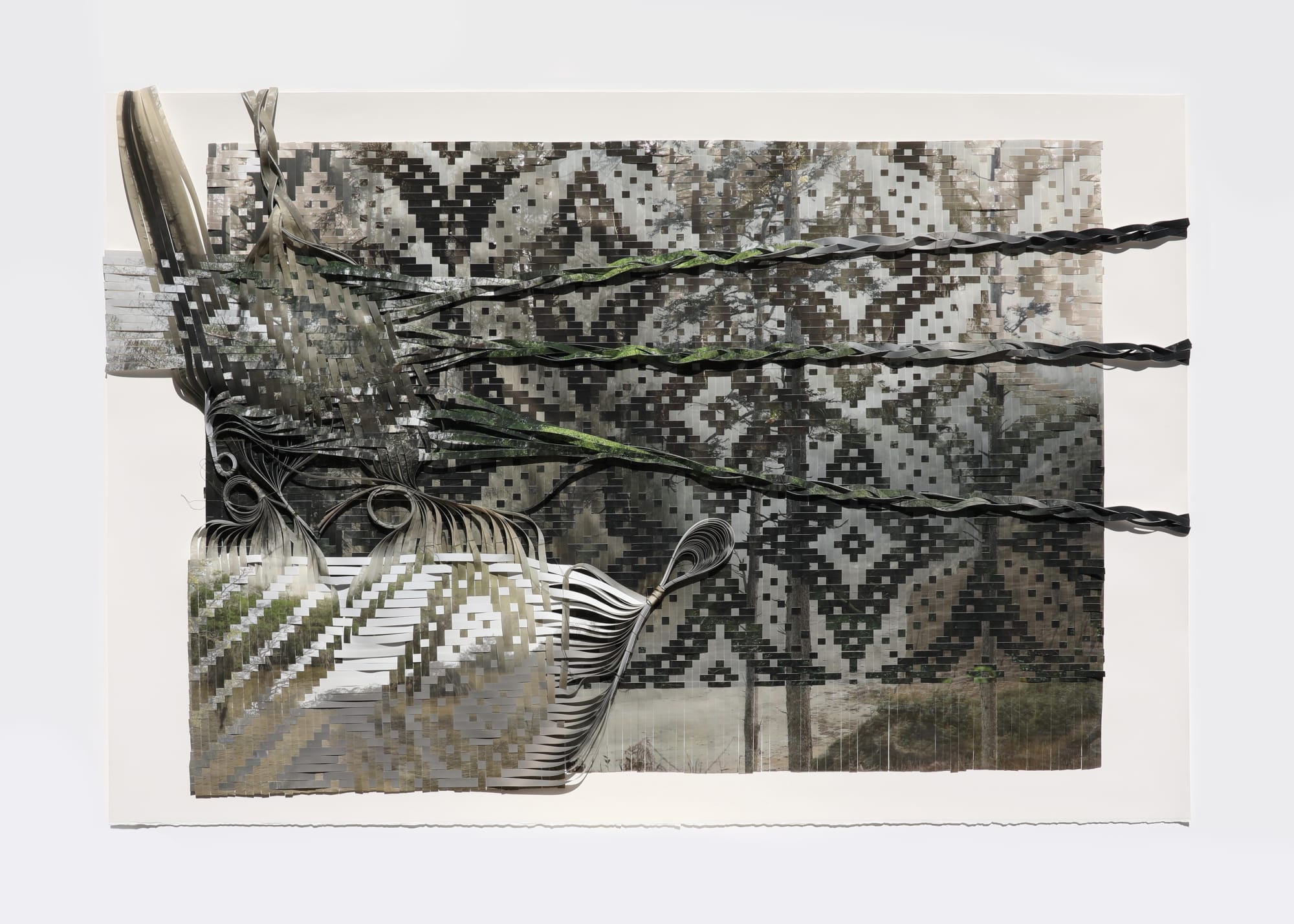 Sarah Sense (b. 1980) Brooklyn Alligator, 2024 Signed and dated on mount recto and verso Woven archival inkjet prints on Hahnemuhle bamboo paper and Hahnemuhle rice paper, tape, Arches watercolor paper, wax cotton thread 40 x 60 in (101.6 x 152.4 cm)