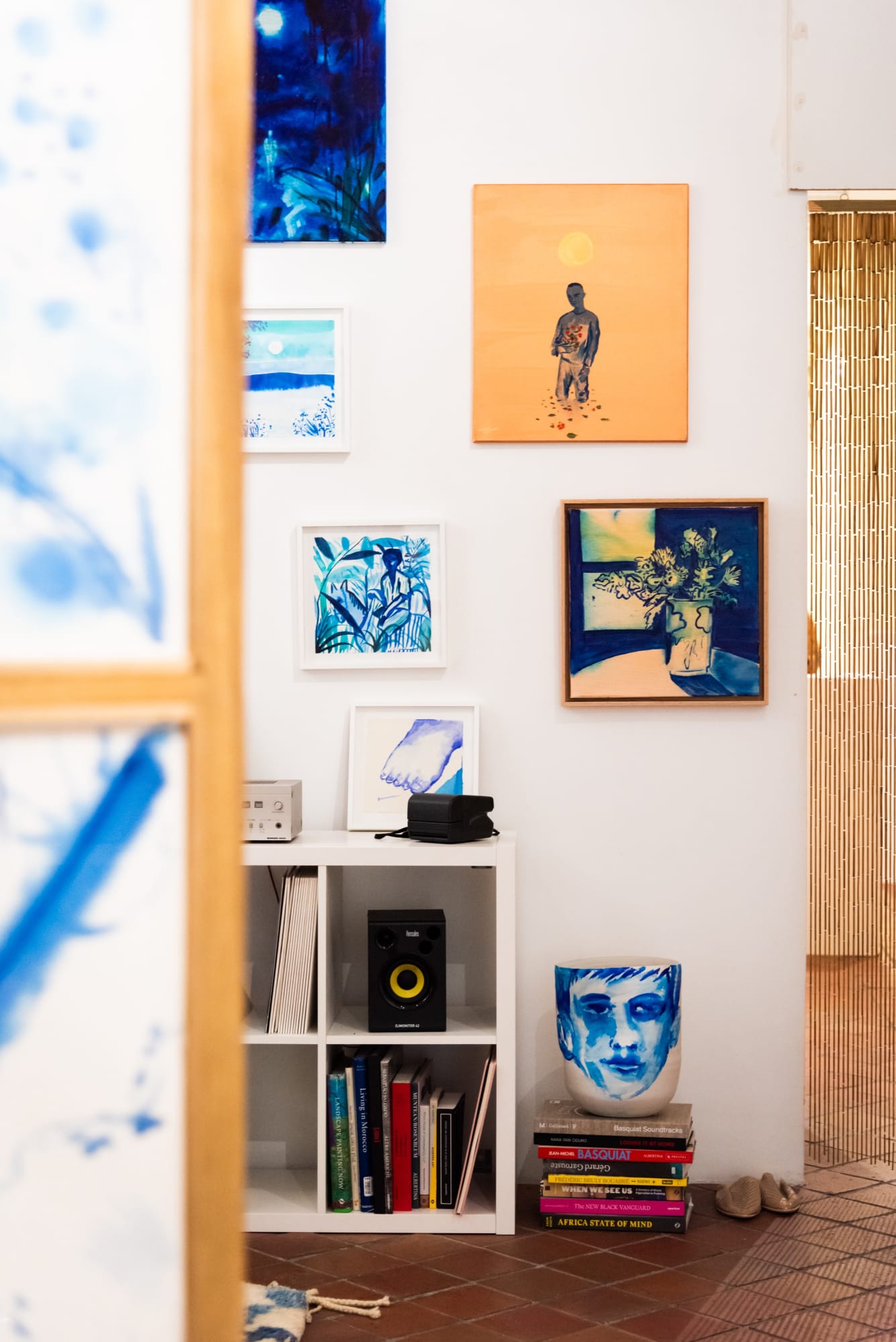 Exhibition view. Mix of paintings and works on paper by Omar Mahfoudi as part of Dans la maison, his solo project at AFIKARIS Gallery. Paris. African Contemporary art.