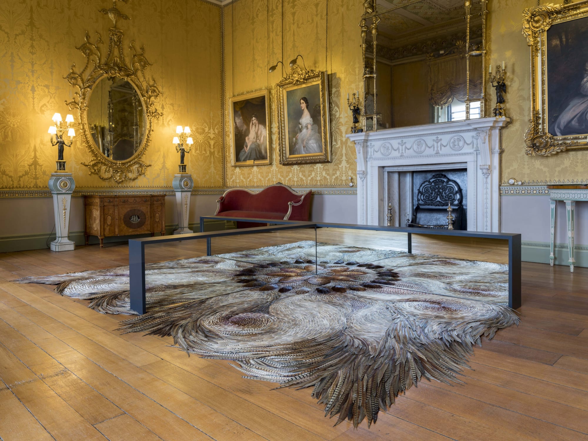 CAVORT, 2020 Mixed media with pheasant feathers and bespoke mirror mount 52 x 440 x 240 cm