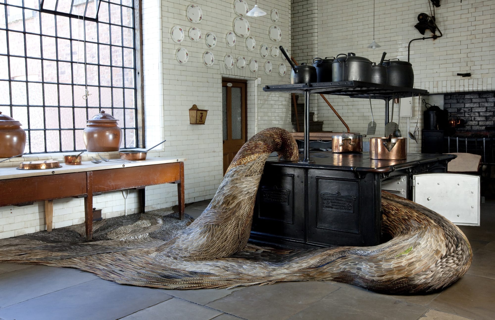 EVACUATE, 2010 Mixed media installation with game feathers 120 x 400 x 350 cm