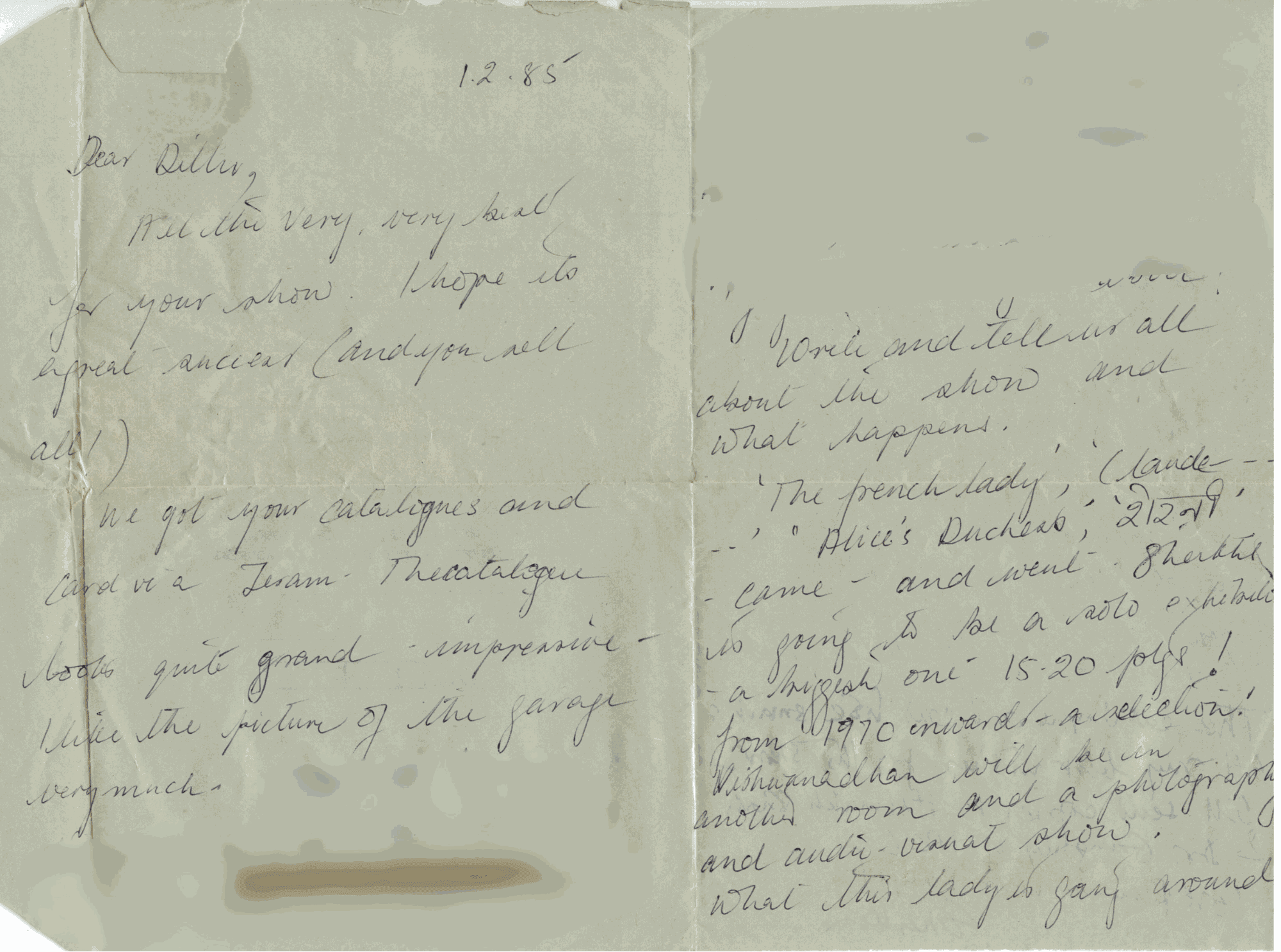 A letter from Nilima and Gulammohammed Sheikh wherein among other things Dillu is congratulated for the opening of the show and appreciated for how the garage turned out to be. The couple were longtime mentors and friends from Mukherjee's Baroda days and remained an important voice of support throughout her career.