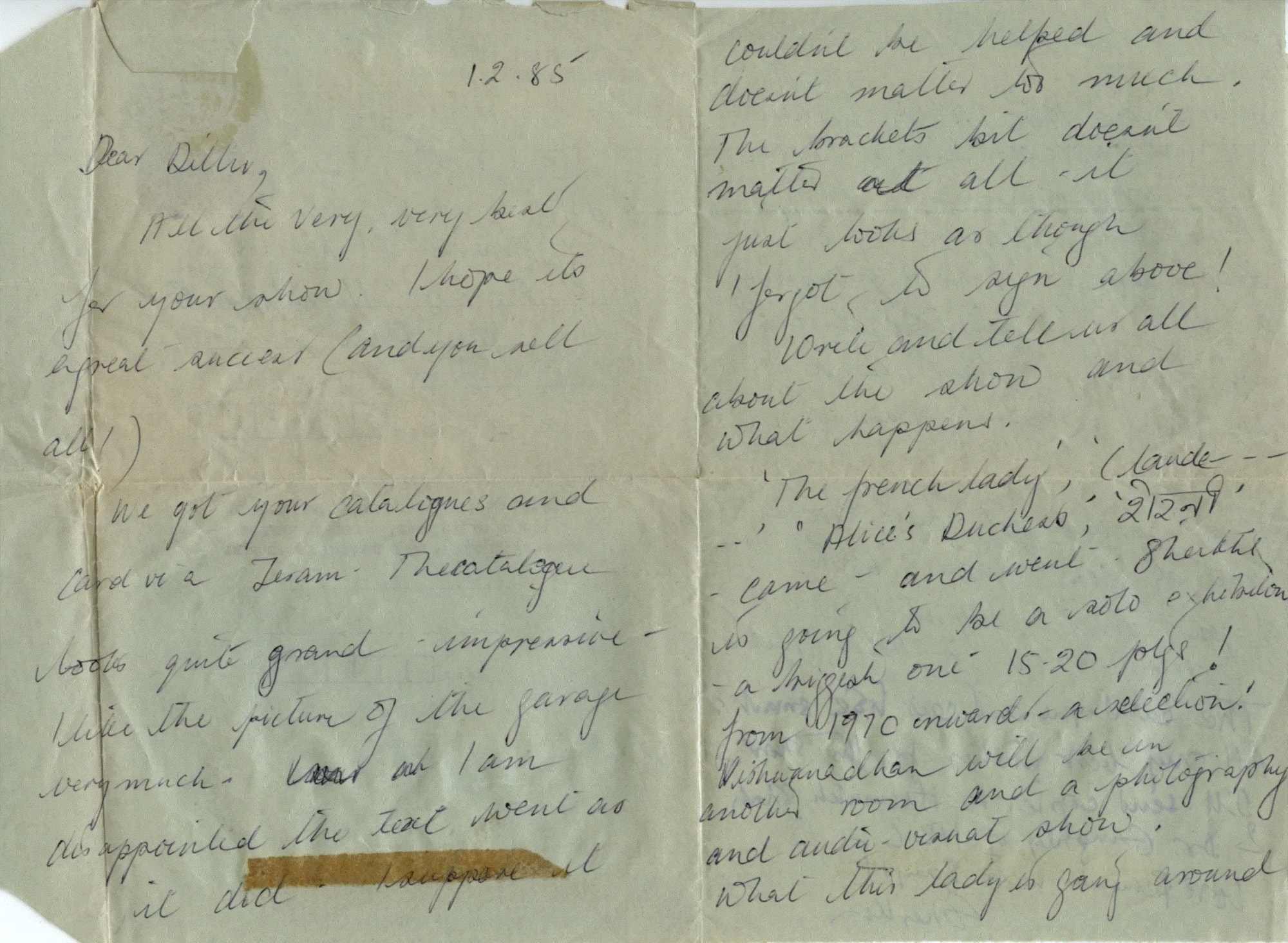 A letter from Nilima and Gulammohammed Sheikh wherein among other things Dillu is congratulated for the opening of the show and appreciated for how the garage turned out to be. The couple were longtime mentors and friends from Mukherjee's Baroda days and remained an important voice of support throughout her career.
