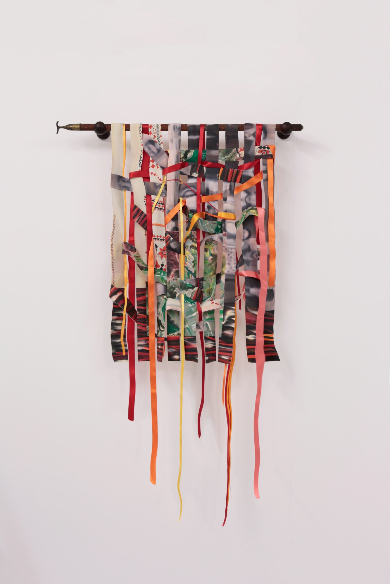 If Our Paths Ran Parallel, They Would Never Meet, 2019 Oil on canvas, satin vinok ribbons, wooden window pole 160 x 100 cm 63 x 39 1/2 in