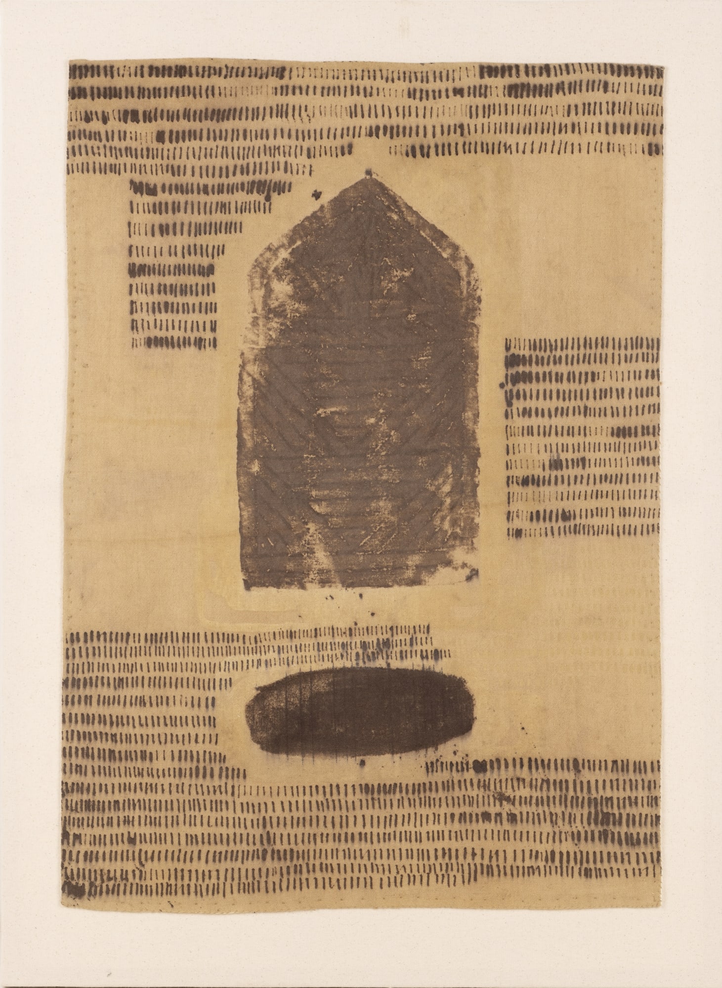 Ujjal Dey (b.1992) Mother and Child I (Mother and Child series) Myrobalan, kalamkari ink, wax-resistant, turmeric, neem, onion skin, marigold and aluminium on khadi cotton cloth 28 x 19.5 in. (71.12 x 49.53 cm.) 2024, Santiniketan