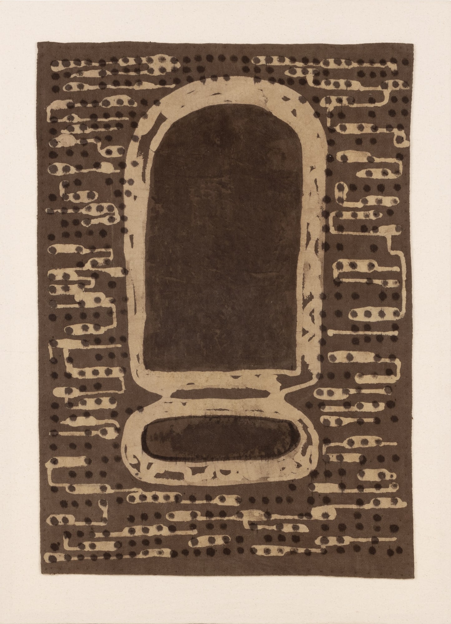 Ujjal Dey (b.1992) Mother and Child II (Mother and Child series) Myrobalan, kalamkari ink, wax and rice resist, turmeric, neem, Triphala (haritaki, amla, bahera) on khadi cotton cloth 27.8 x 19.5 in. (70.61 x 49.53 cm.) 2024, Santiniketan