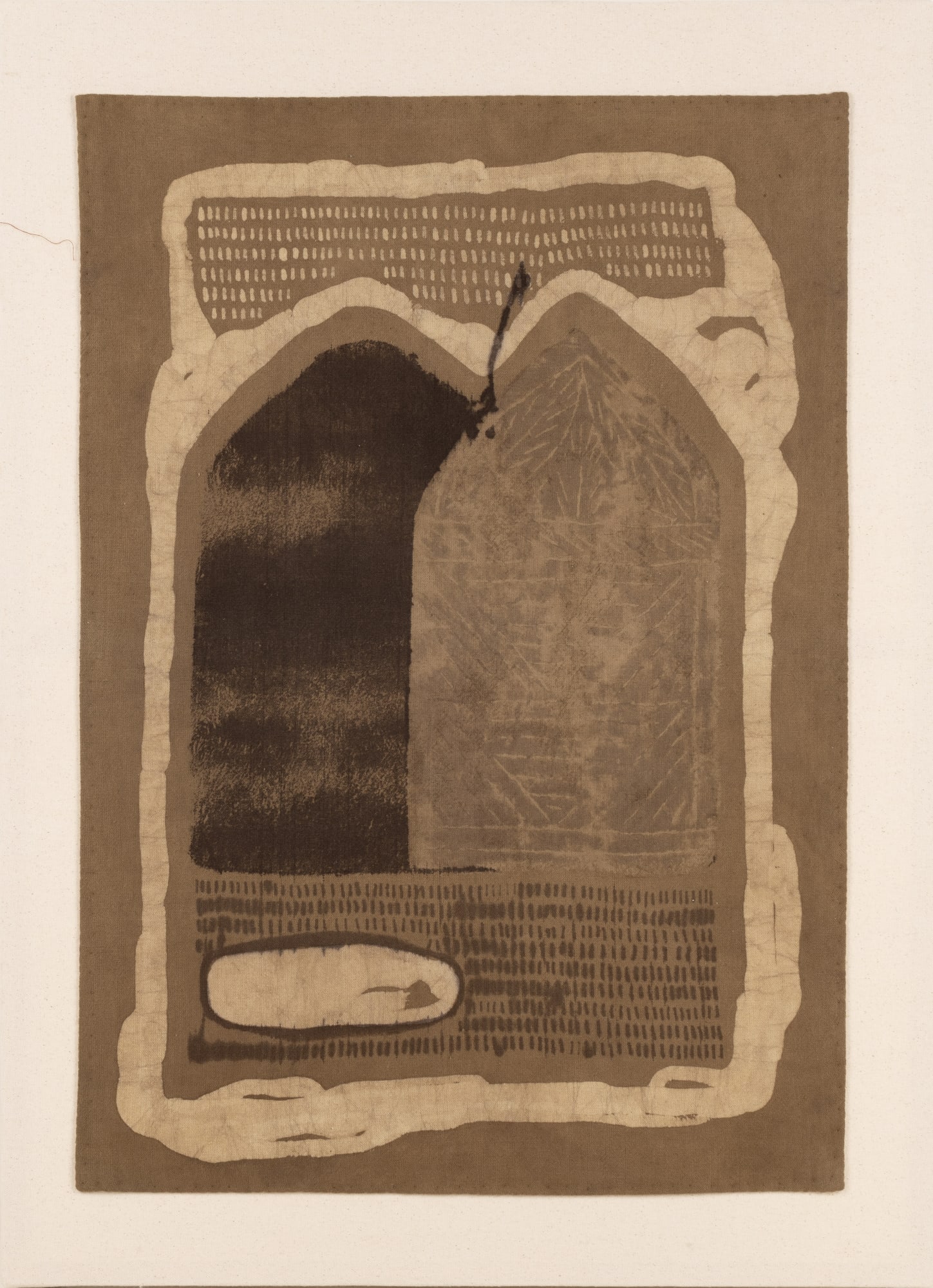 Ujjal Dey (b.1992) Mother and Child IV (Mother and Child series) Myrobalan, kalamkari ink, wax and clay (khori maati) resist, Triphala (haritaki, amla, bahera), alum on khadi cotton cloth 27.8 x 19.5 in. (70.61 x 49.53 cm.) 2024, Santiniketan