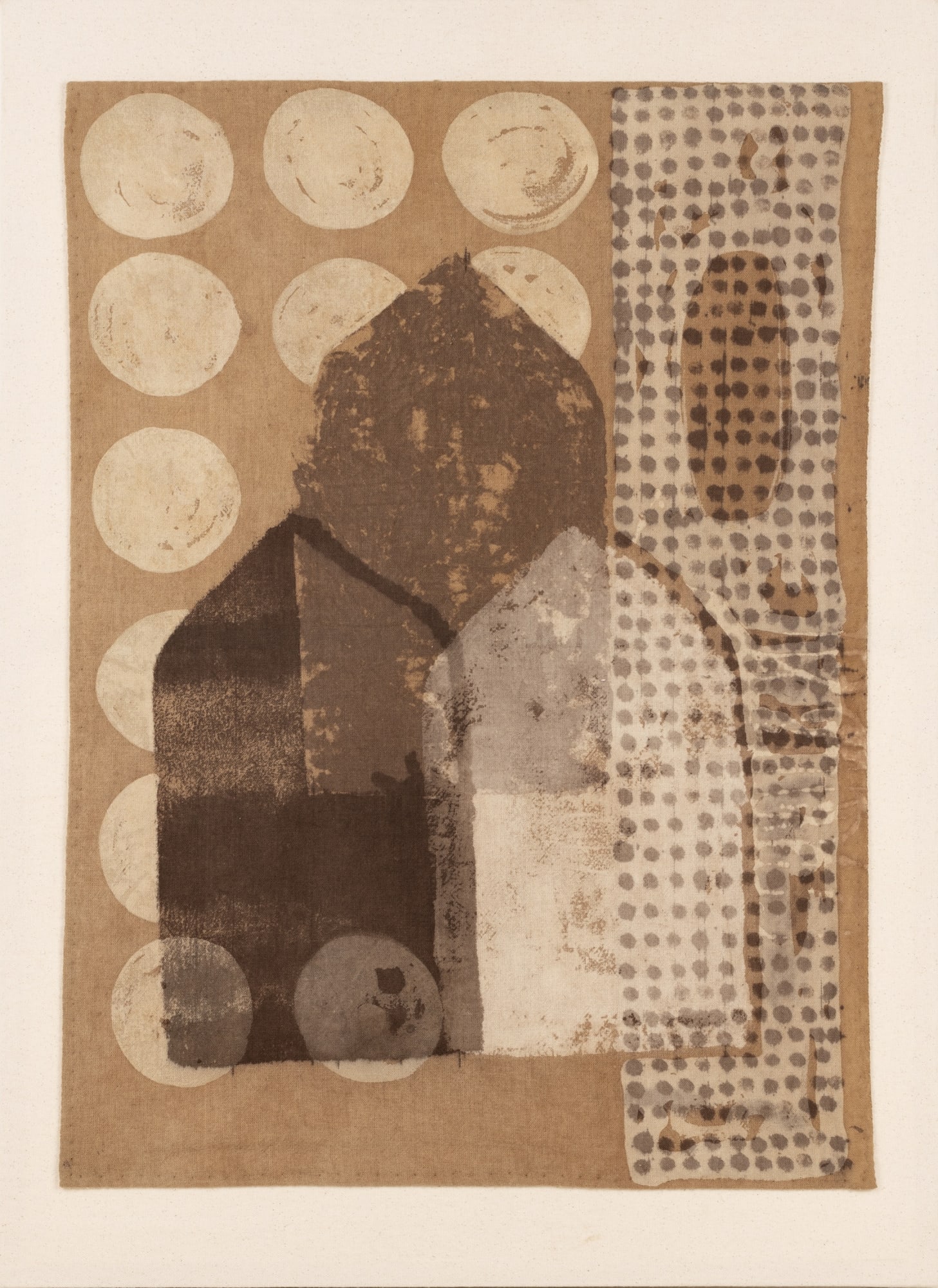 Ujjal Dey (b.1992) Mother and Child V (Mother and Child series) Myrobalan, kalamkari ink, wax and lime resist, turmeric, neem, onion skin, marigold, and alum on khadi cotton cloth 27.95 x 20.07 in. (71 x 51 cm.) 2024, Santiniketan