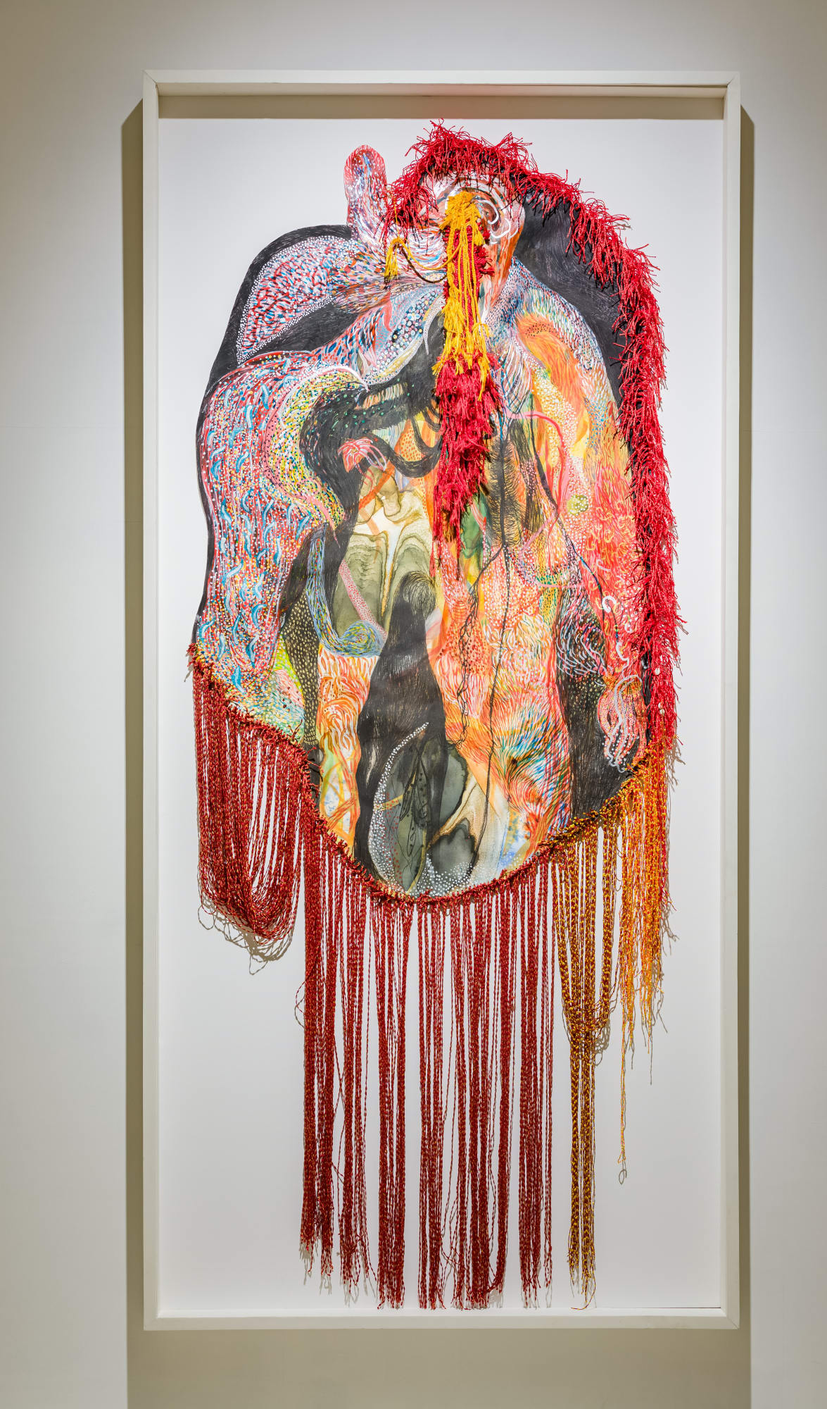 Debashish Paul (b.1994) Anatomy of a Dream Acrylic ink, charcoal, stone eyes, and threads on Fabriano paper 112.9 x 46.4 x 1.5 in. 2024, Varanasi