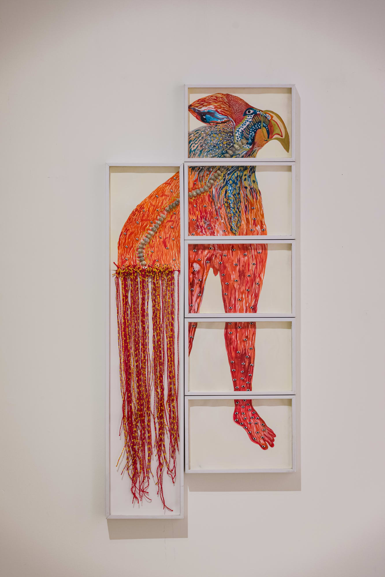 Debashish Paul (b.1994) The Ancient Dream 2 Acrylic ink, acrylic, stone eyes, cowries shell, and threads on 100% cotton on Fabriano paper 42.12 x 20 in. Polyptych 2024, Varanasi