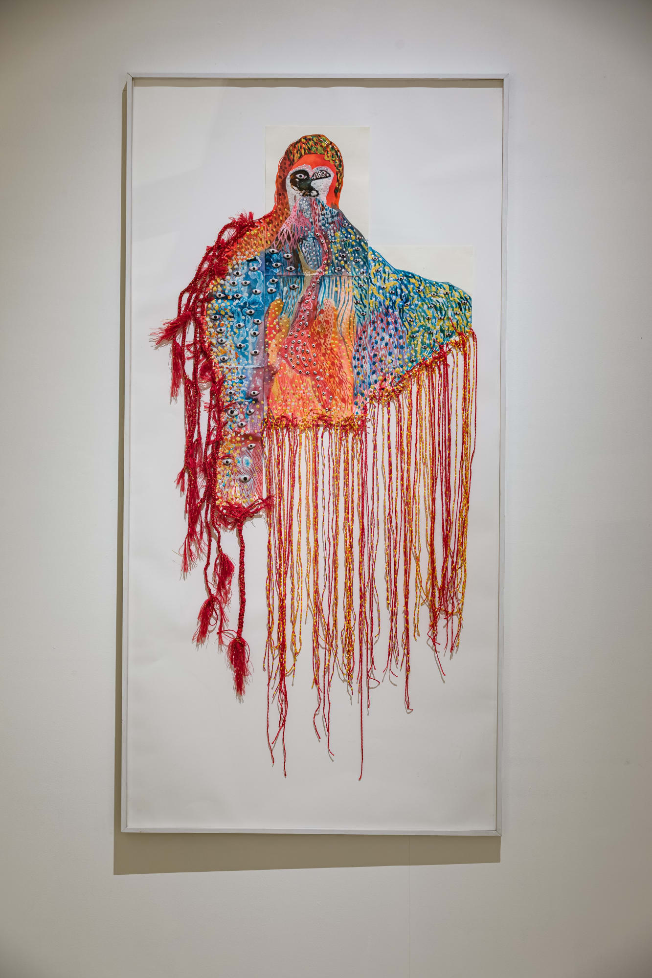 Debashish Paul (b.1994) The Ancient Dream 1 Acrylic ink, acrylic, stone eyes, cowries shell, and threads on 100% cotton Fabriano paper 46 x 37.40 in. 2024, Varanasi