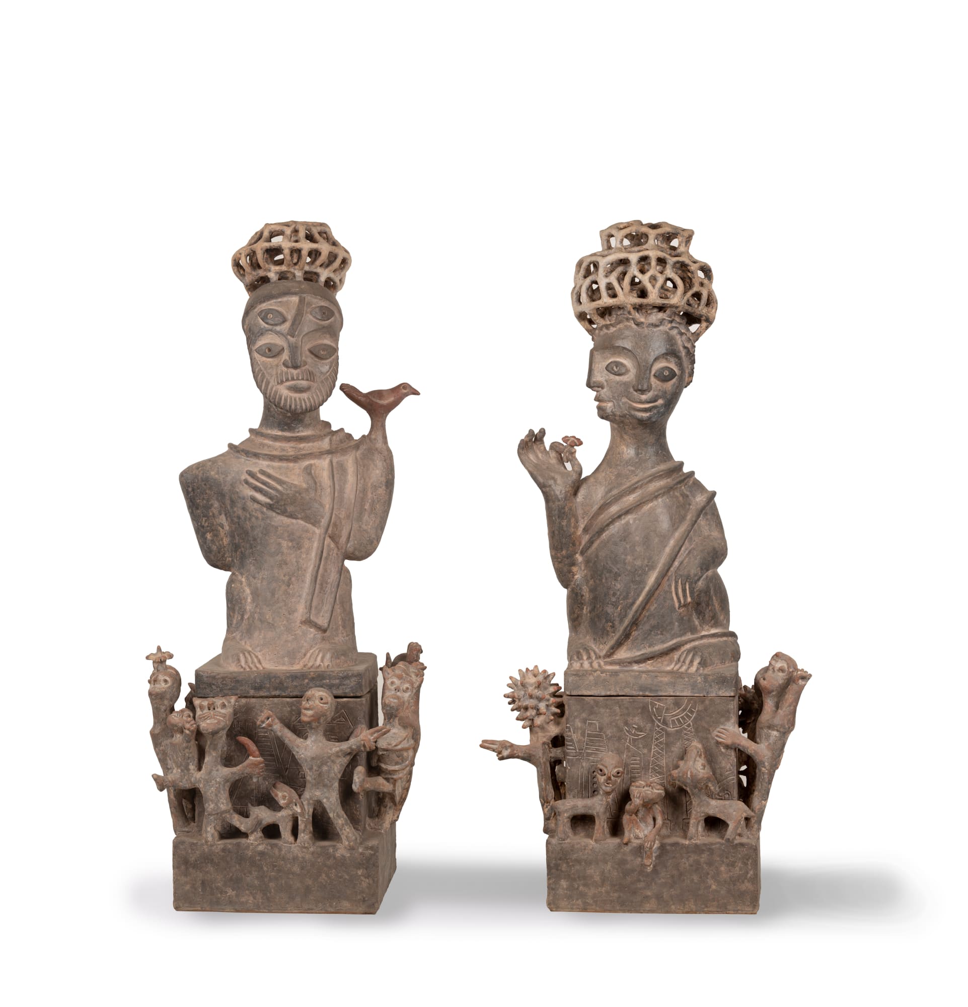 Subrata Biswas (b.1972) Disguised Empowerment Terracotta A - 47.24 x 18.89 x 16.92 in. approx B - 47.24 x 23.22 x 16.53 in. approx Set of 2 works. 2023, Howrah