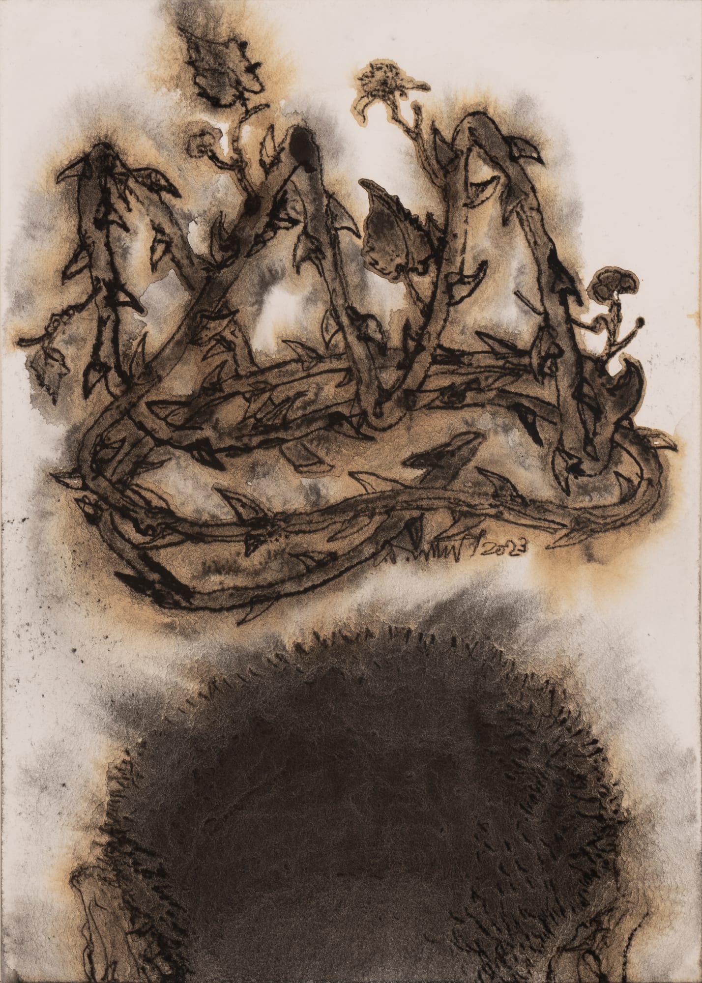 Chhatrapati Dutta (b.1964) Shah-Heen-Bagh - In Retrospect Charcoal, tea stain, and watercolour on paper 11.6 x 8.2 in. Set of 5 works 2023, Kolkata