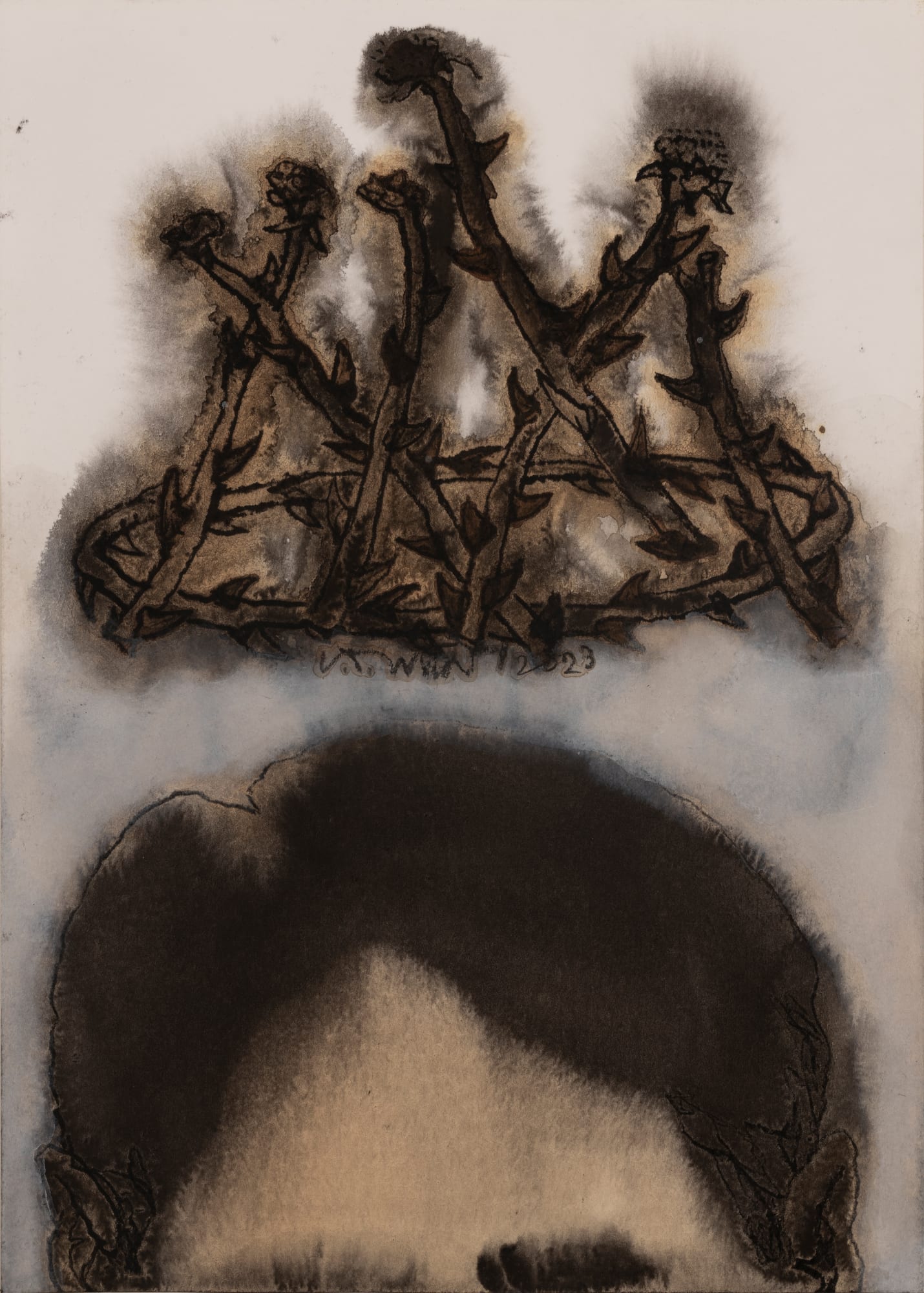 Chhatrapati Dutta (b.1964) Shah-Heen-Bagh - In Retrospect Charcoal, tea stain, and watercolour on paper 11.6 x 8.2 in. Set of 5 works 2023, Kolkata