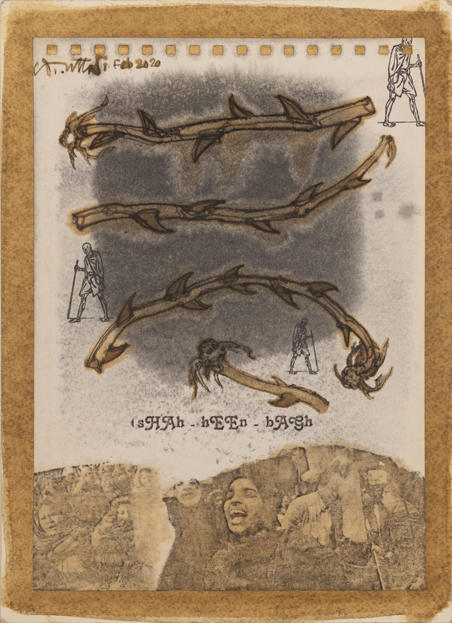 Chhatrapati Dutta (b.1964) Shah-Heen-Bagh Charcoal, tea stain, and watercolour on paper pasted on board 11.5 x 8.2 in. Set of 4 works 2020, Kolkata