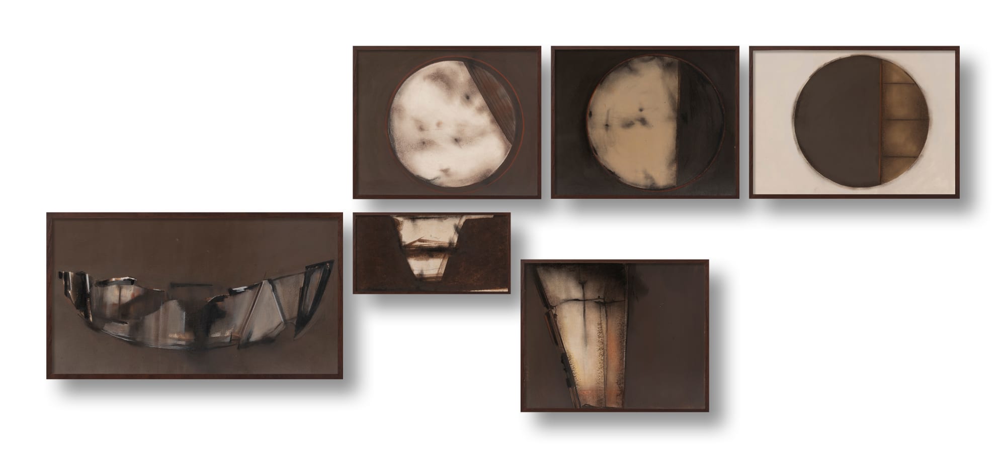 Suman Dey (b.1981) Ebbs and Flows (1) Acrylic, charcoal, and pencil on Nepalese handmade paper A and B - 10.82 x 13.77 in. C - 10.9 x 15 in. D - 12.04 x 22.04 in. E - 5.78 x 12 in. F - 10.8 x 13.77 in. Set of 6 works 2023 - 2024