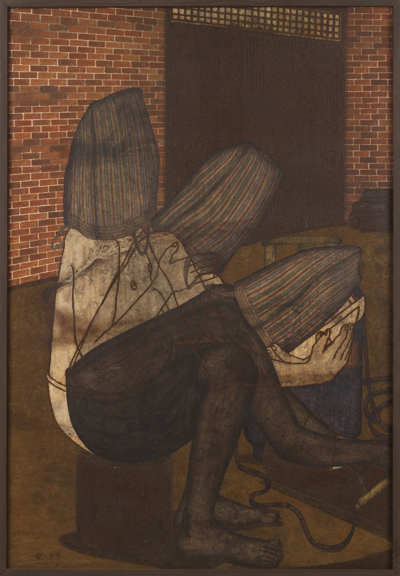 Avijit Dutta (b.1997) Inside the Factory Acrylic, pen, brick and iron dust on paper 35.43 x 73.50 in. Triptych 2024