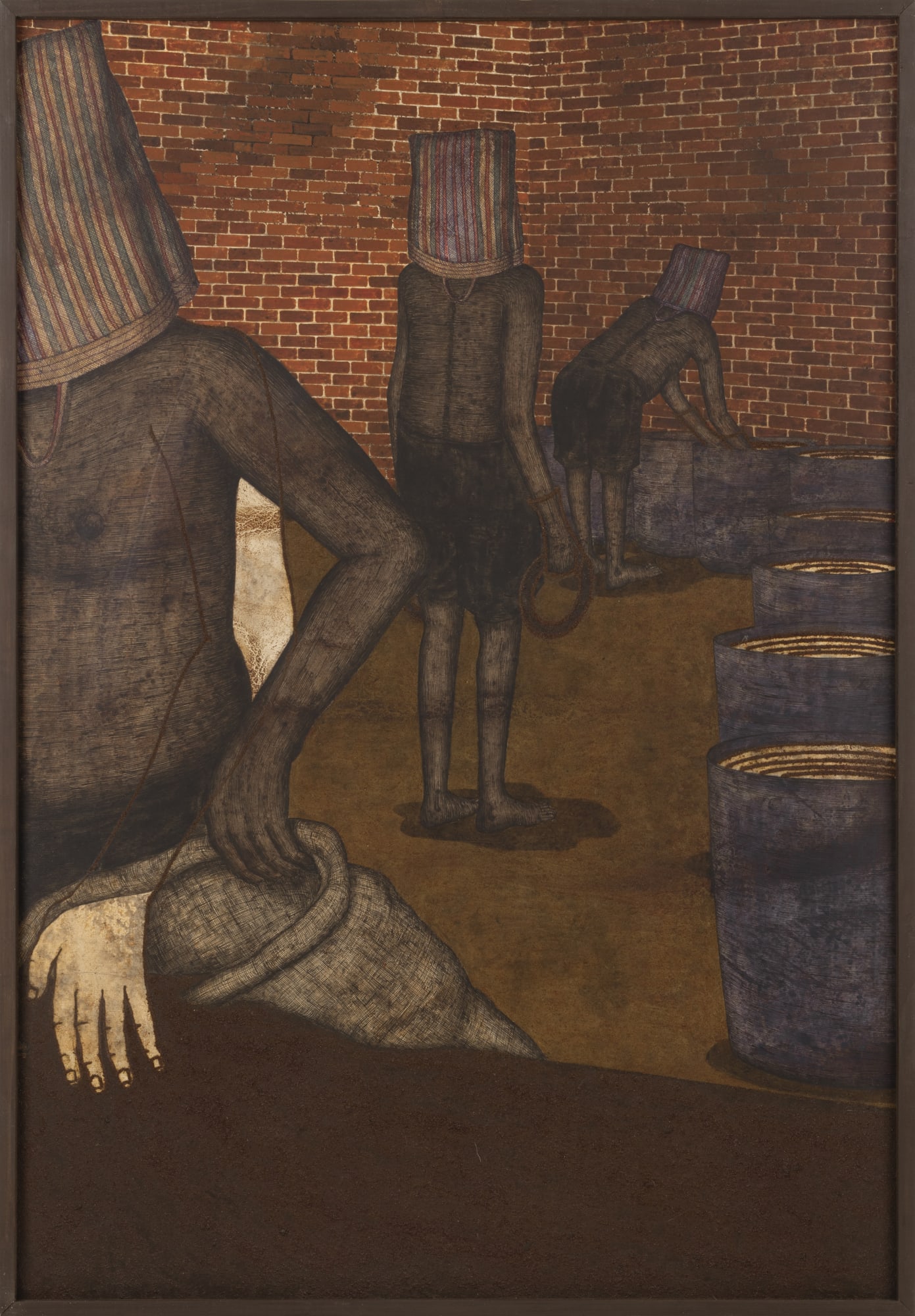 Avijit Dutta (b.1997) Inside the Factory Acrylic, pen, brick and iron dust on paper 35.43 x 73.50 in. Triptych 2024