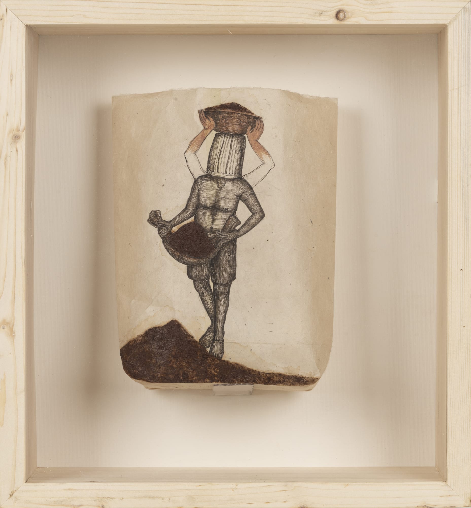 Avijit Dutta (b.1997) Embracing Existence Acrylic and iron dust on Nepalese handmade paper (Paper bag/ ‘Thonga’) A - 8.66 x 5.90 x 2.95 in. Set of 7 works 2024