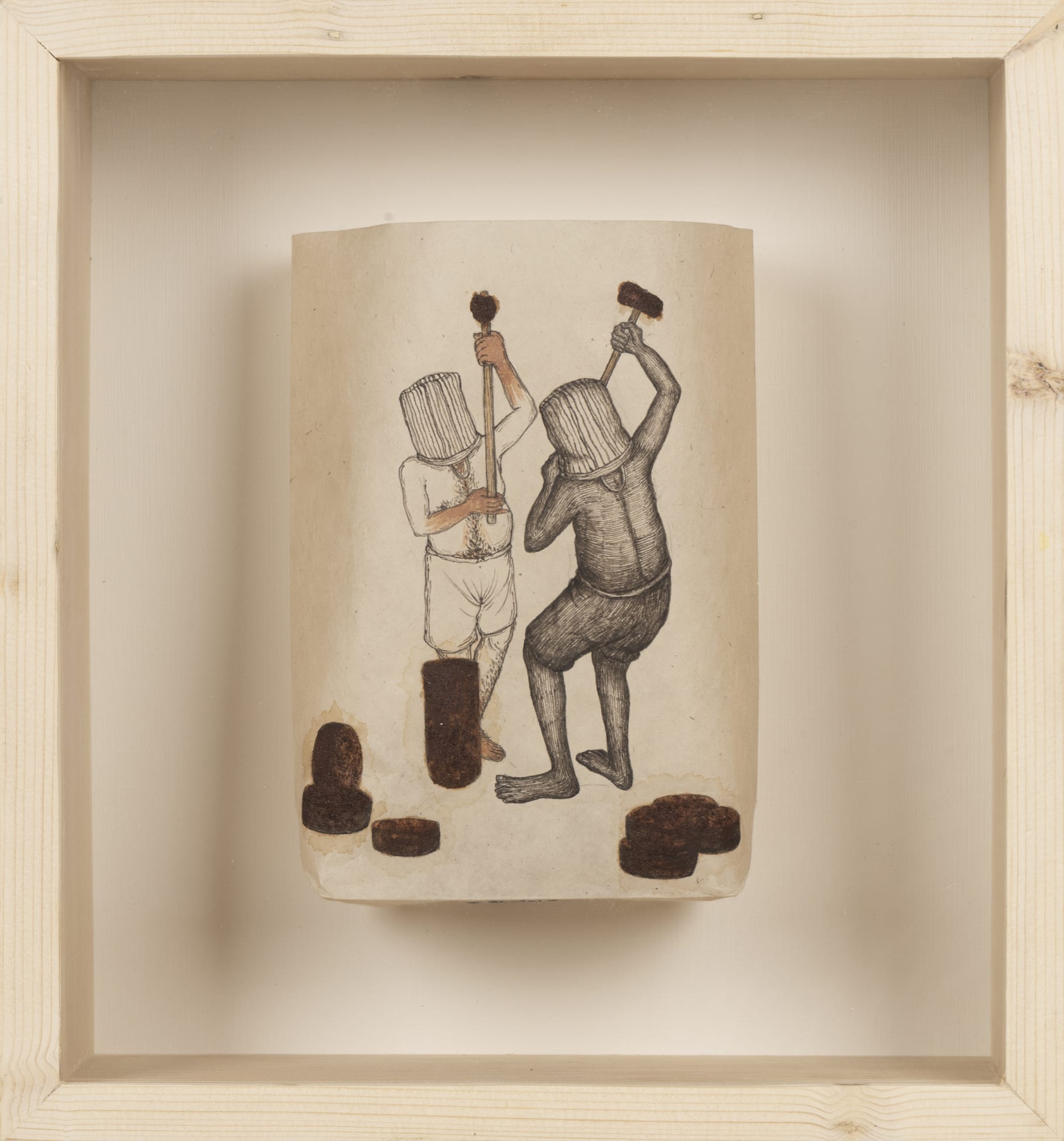 Avijit Dutta (b.1997) Embracing Existence Acrylic and iron dust on Nepalese handmade paper (Paper bag/ ‘Thonga’) C - 8.46 x 5.70 x 2.95 in. Set of 7 works 2024